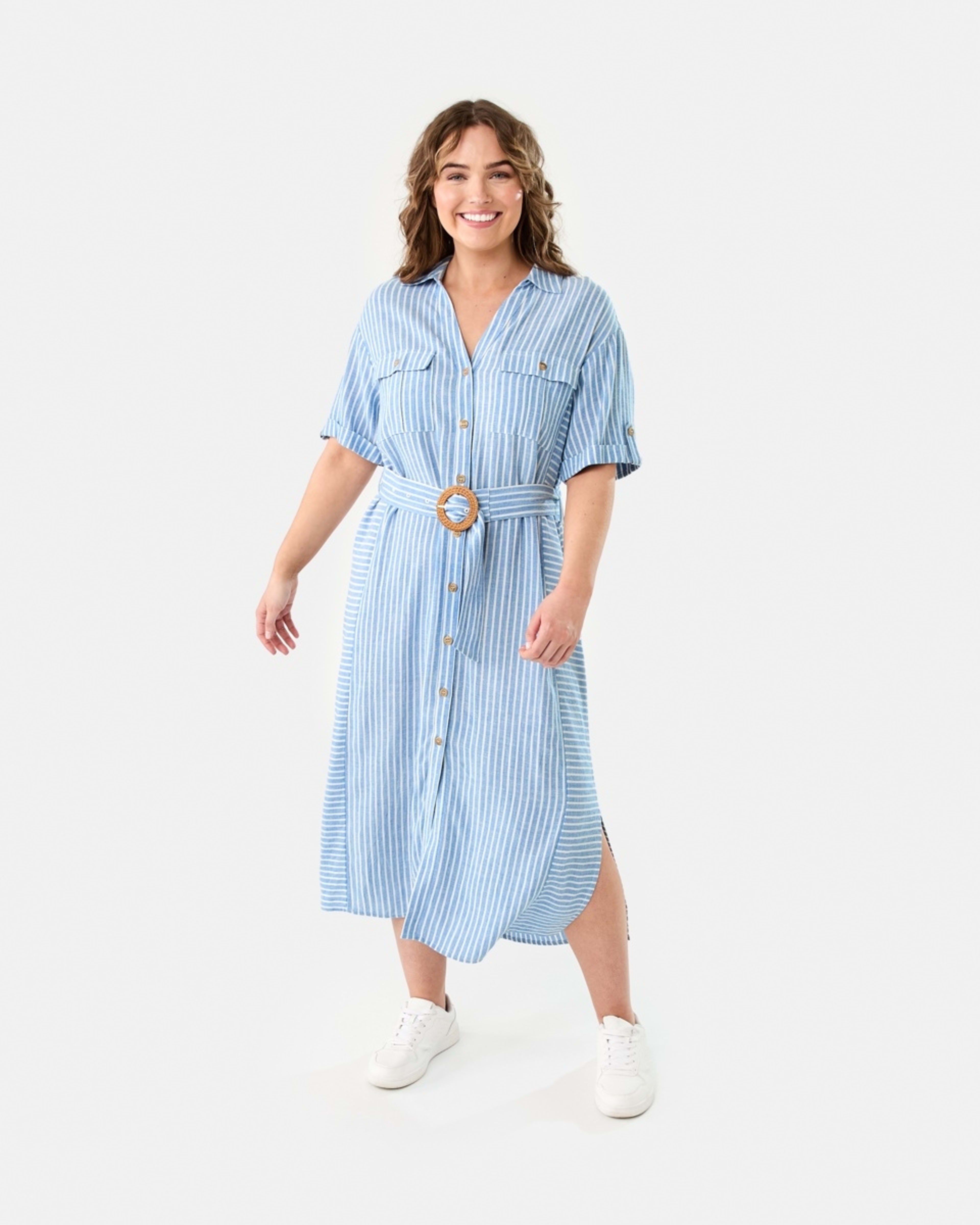 1 Short Sleeve Utility Shirt Midi Dress RESORT STRIPE BLUE MARINE, 1 of 8