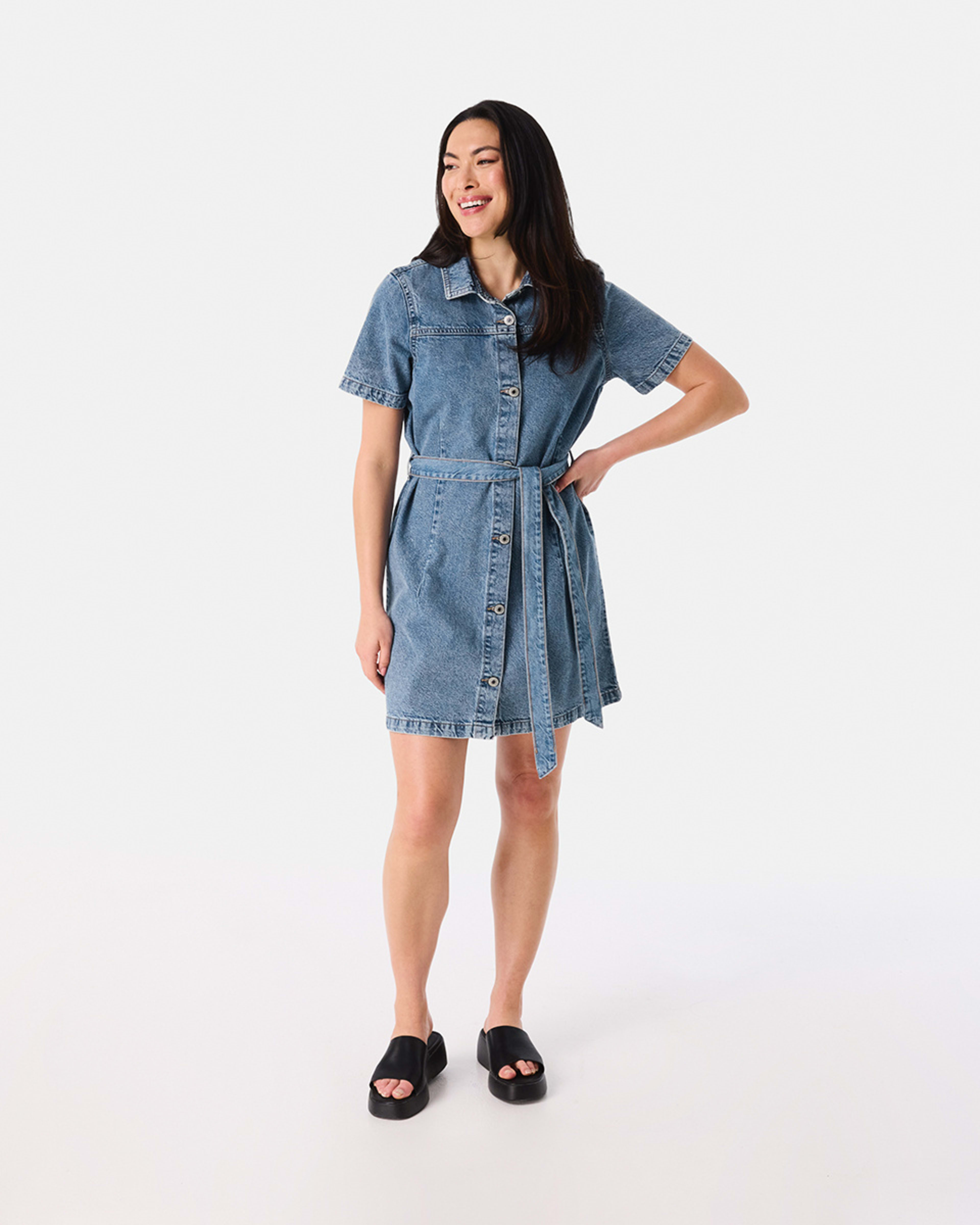 Short Sleeve Denim Button Front Mini Dress - Kmart