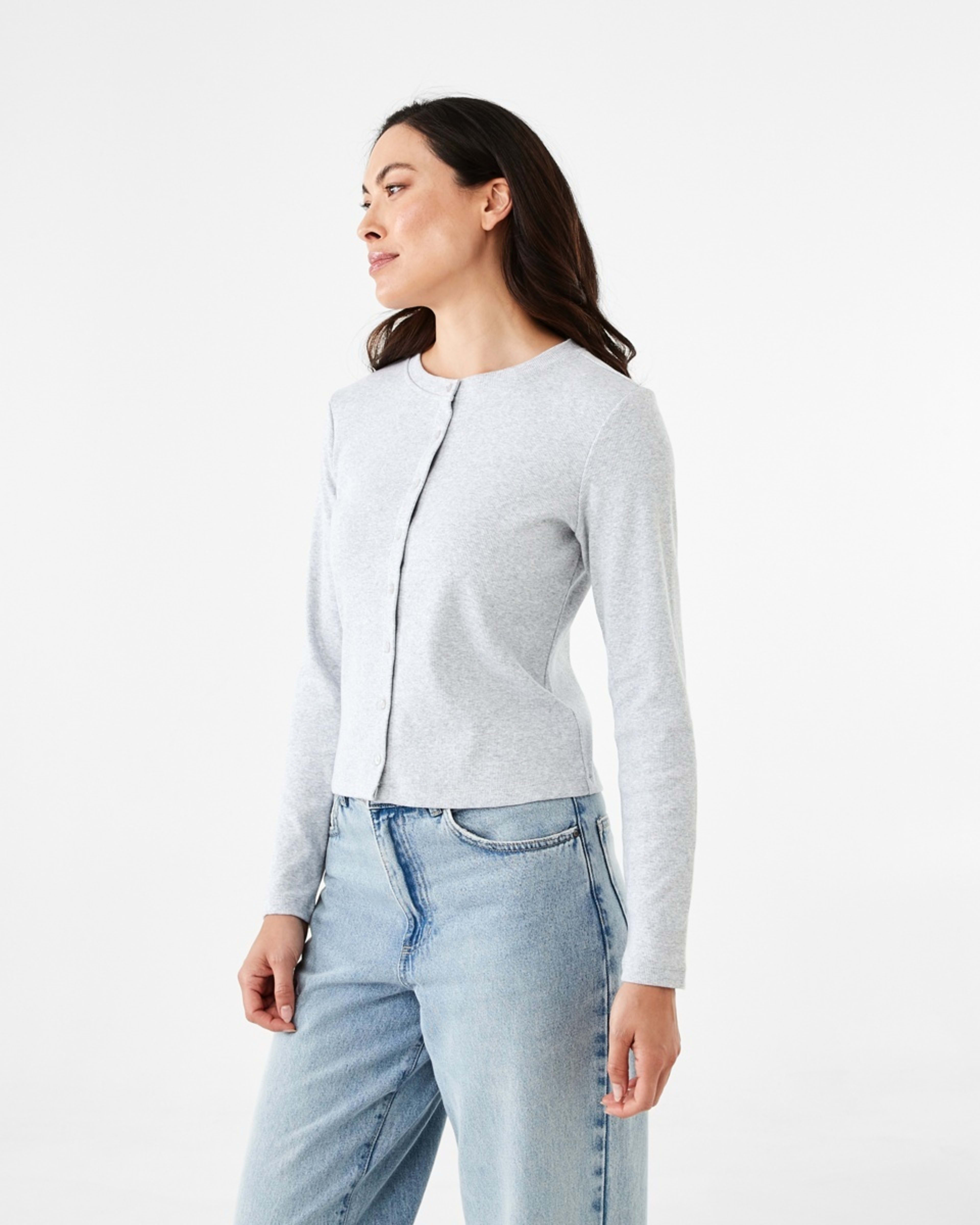 2 Long Sleeve Rib Button Front Top Slvr Marle, 2 of 5