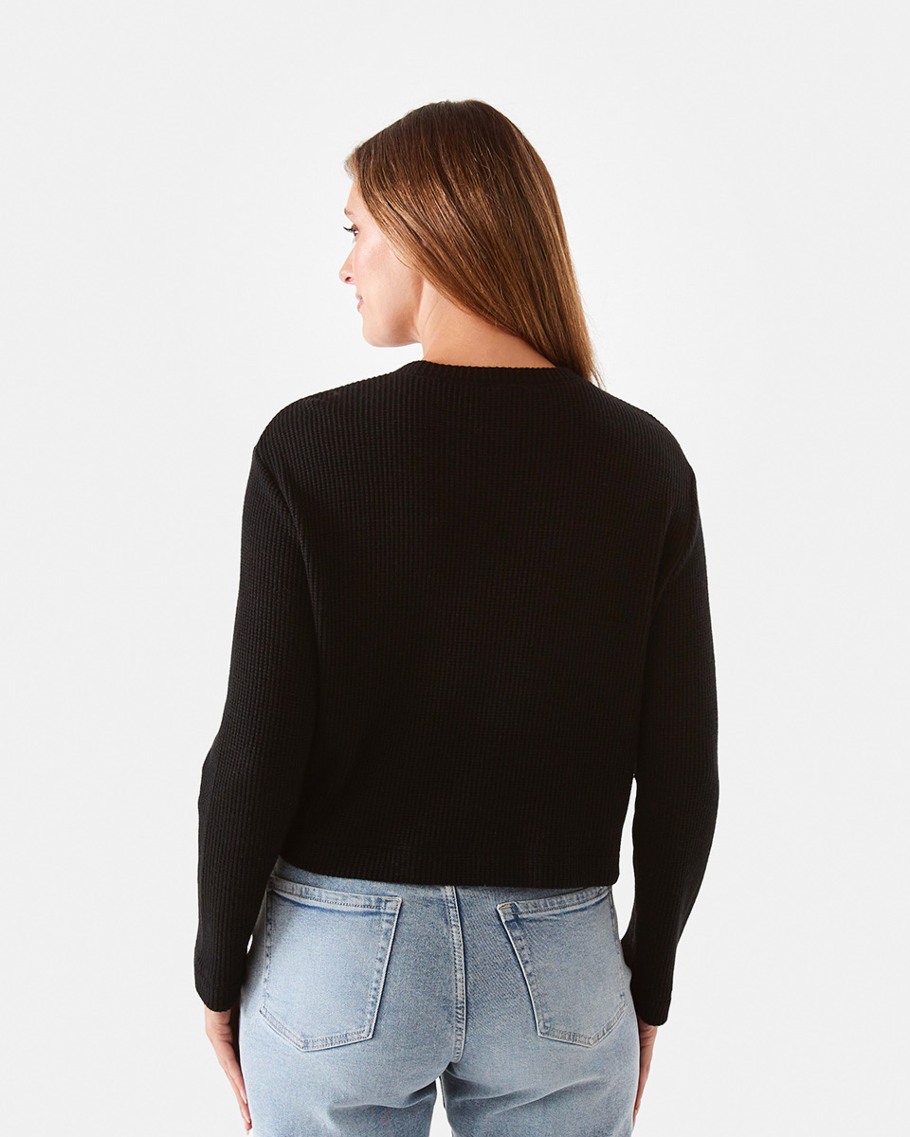 3 Long Sleeve Waffle Crew Neck Crop Top Black, 3 of 6