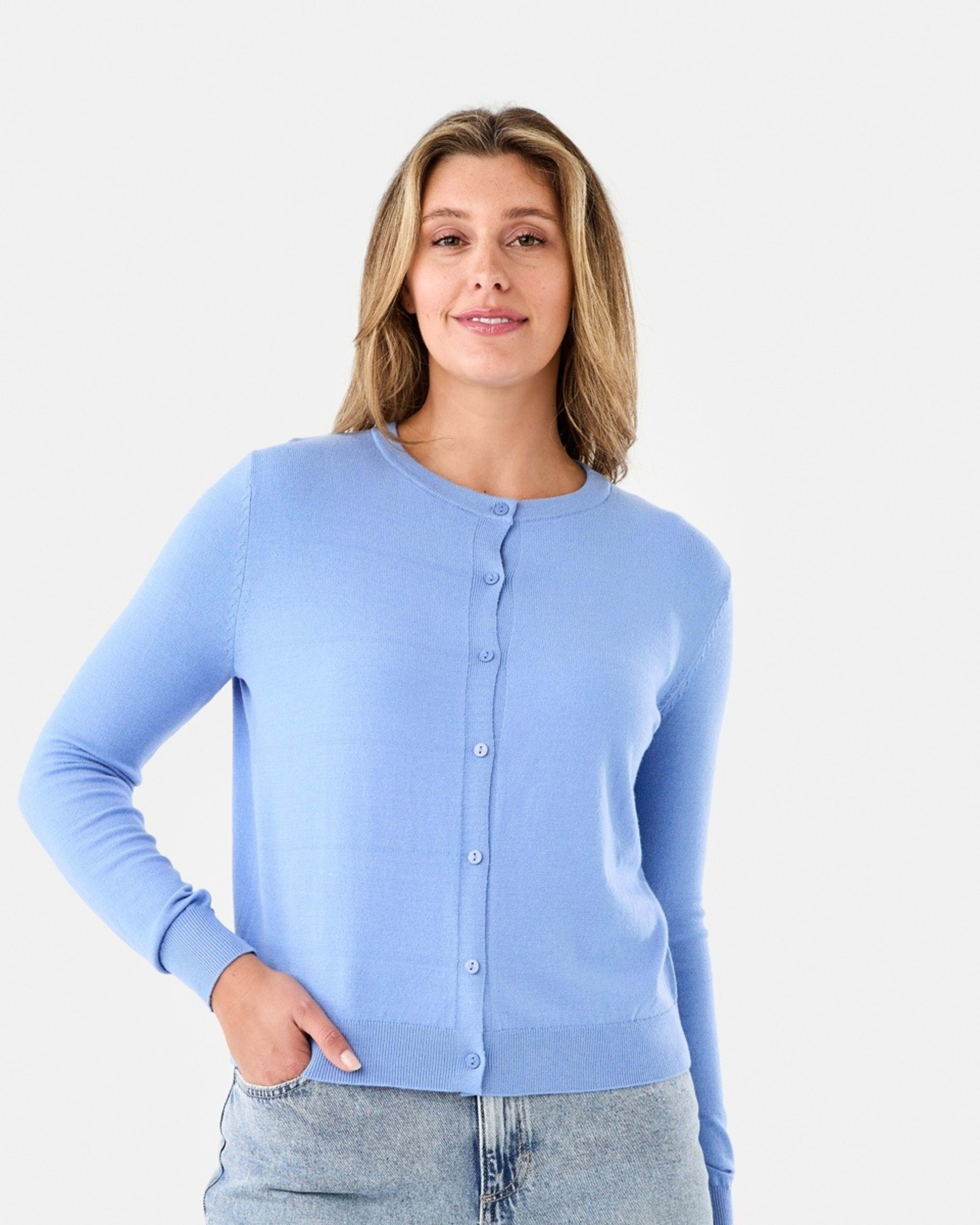 1 Lightweight Crew Neck Cardigan Cornflower, 1 of 6