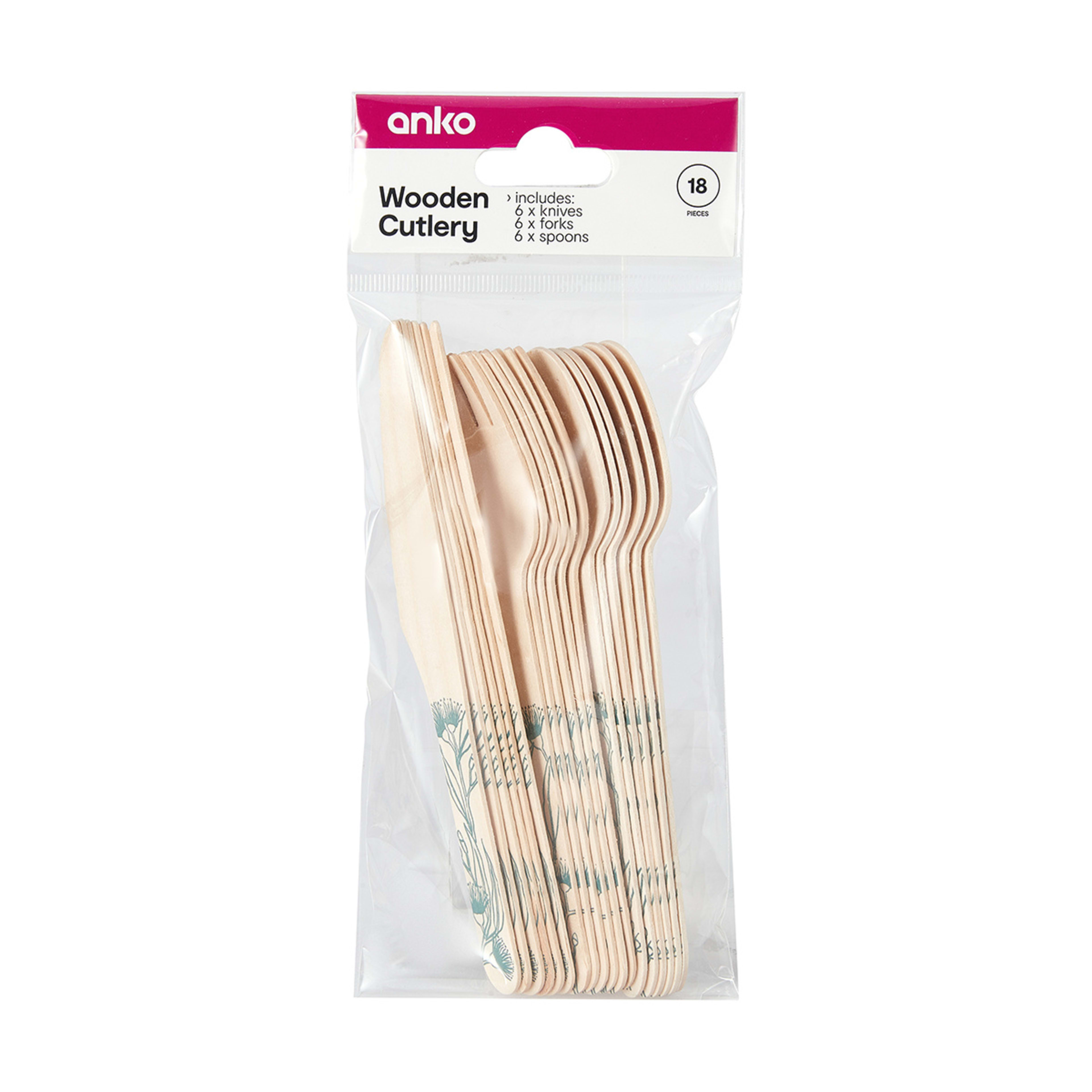 18 Piece Botanical Wooden Cutlery Set Kmart