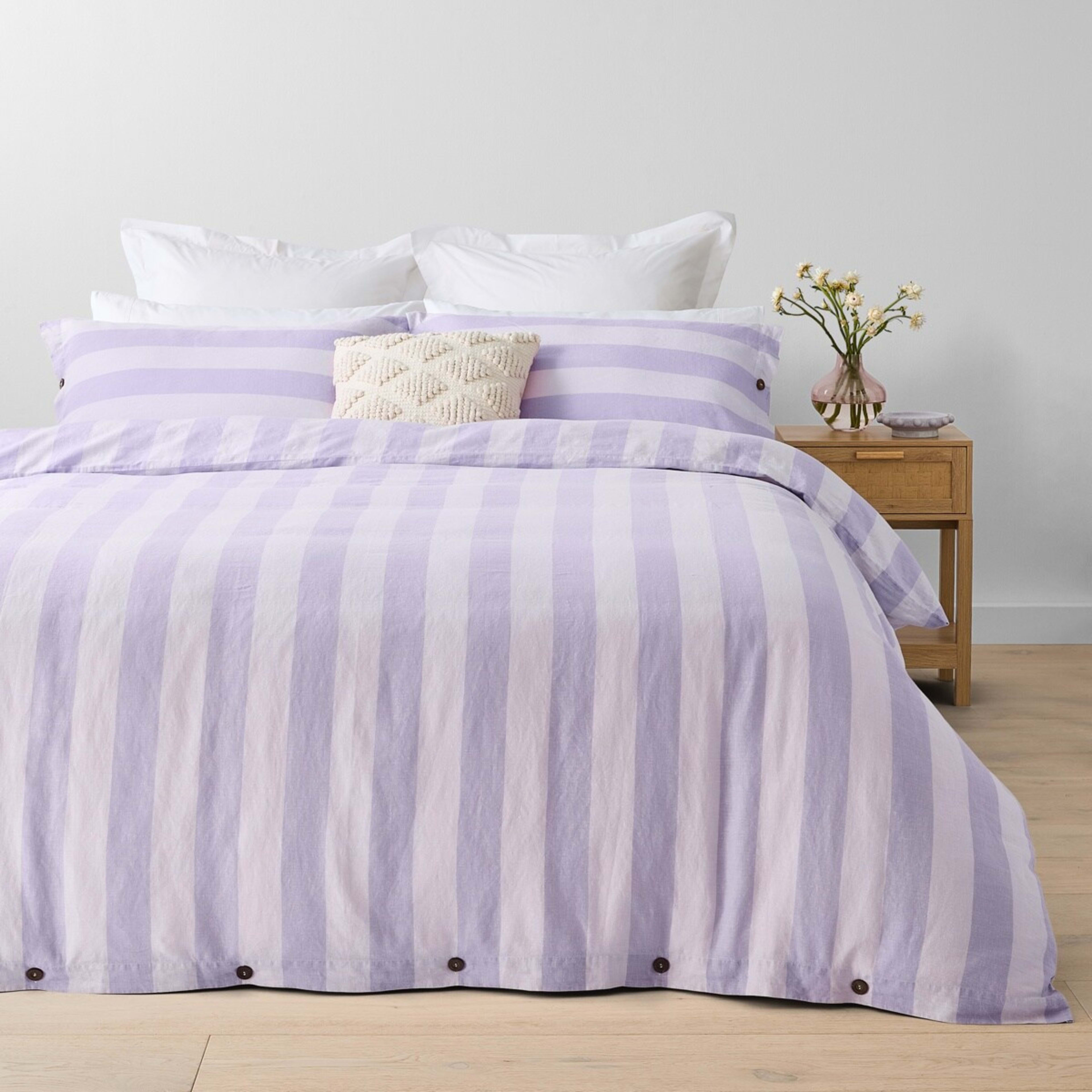 1 Stripe Linen Cotton Quilt Cover Set - King Bed, Lilac