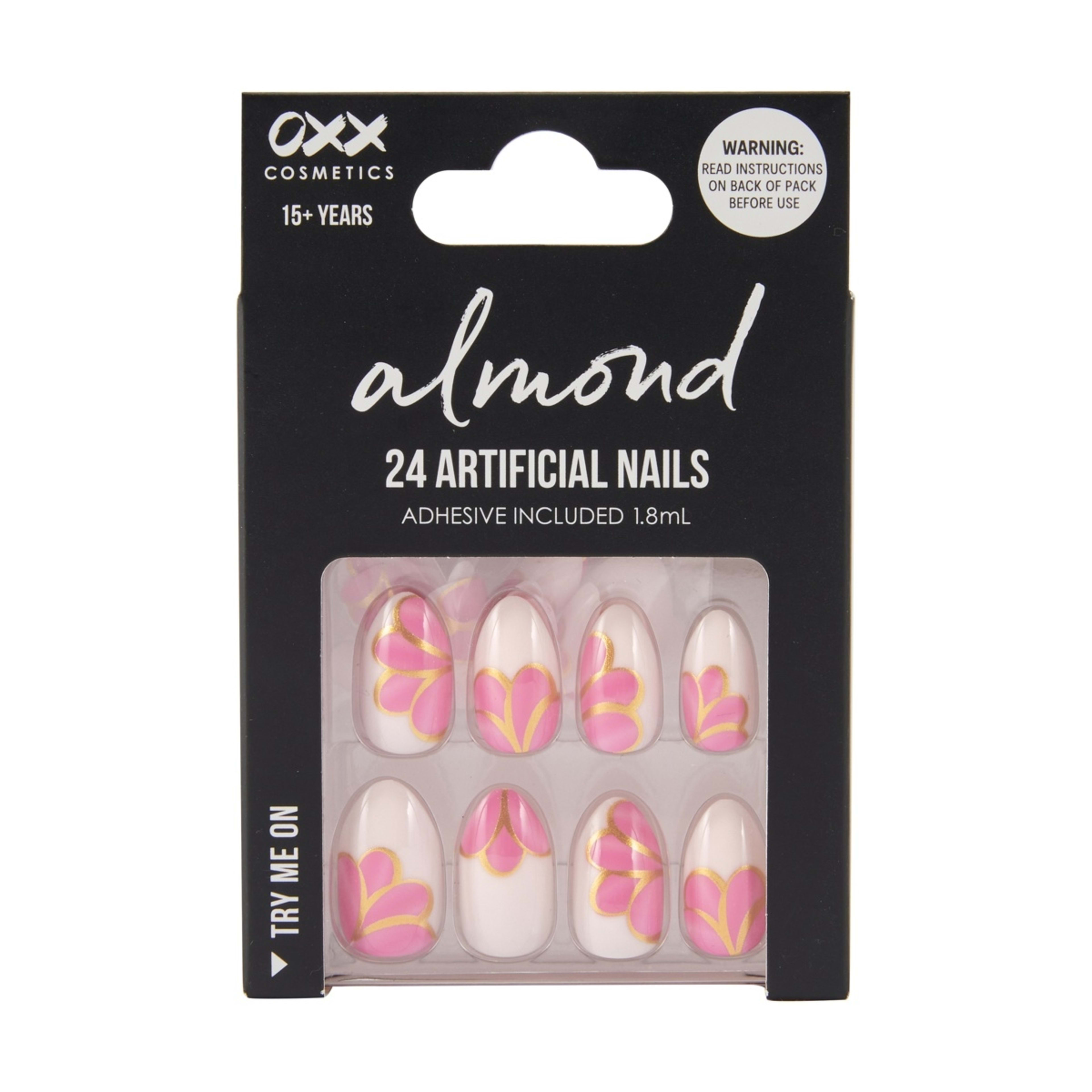 1 OXX Cosmetics 24 Pack Artificial Nails with Adhesive - Almond Shape, Gold Detail