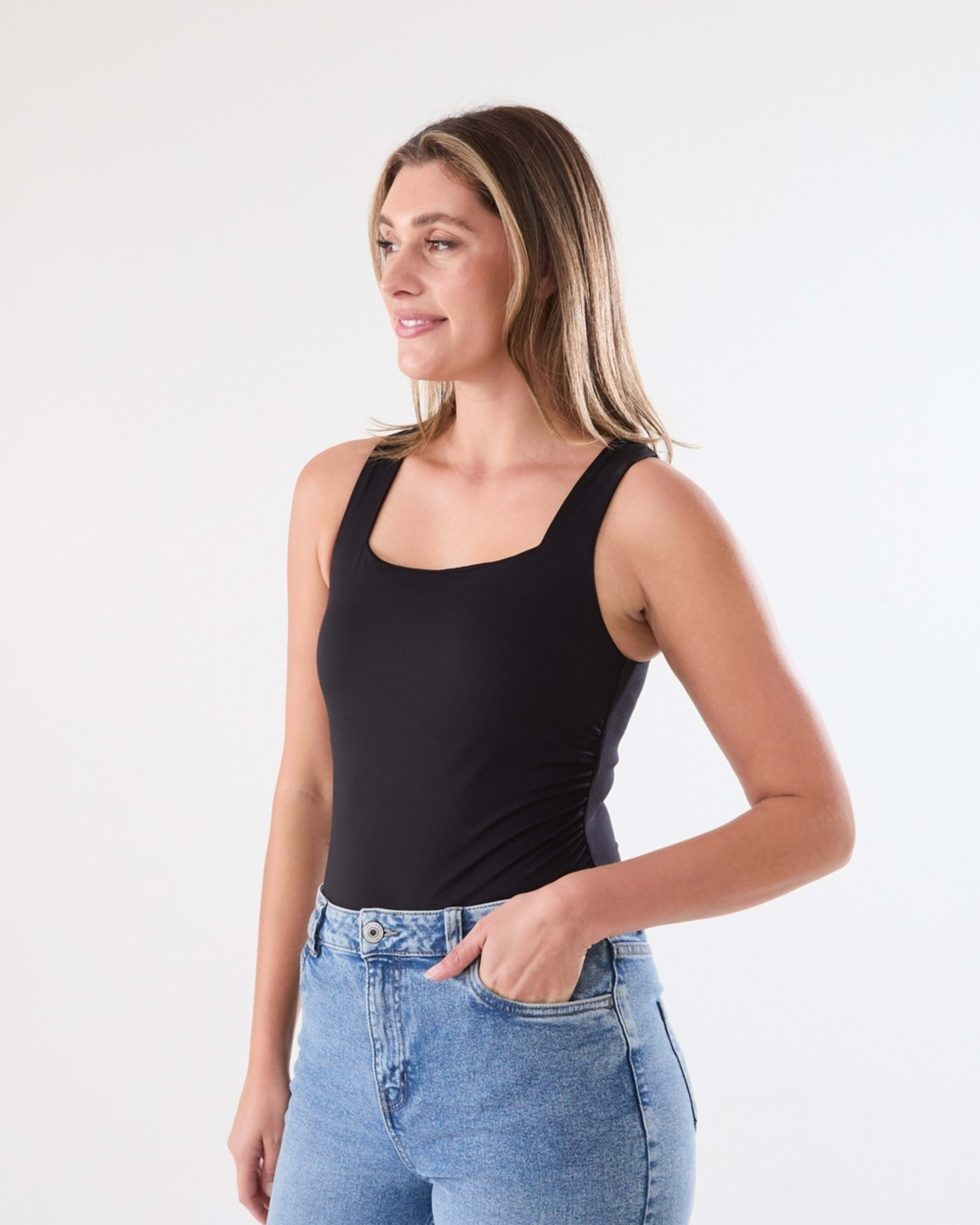 3 Sleeveless Straight Neck Bodysuit BLACK, 3 of 6