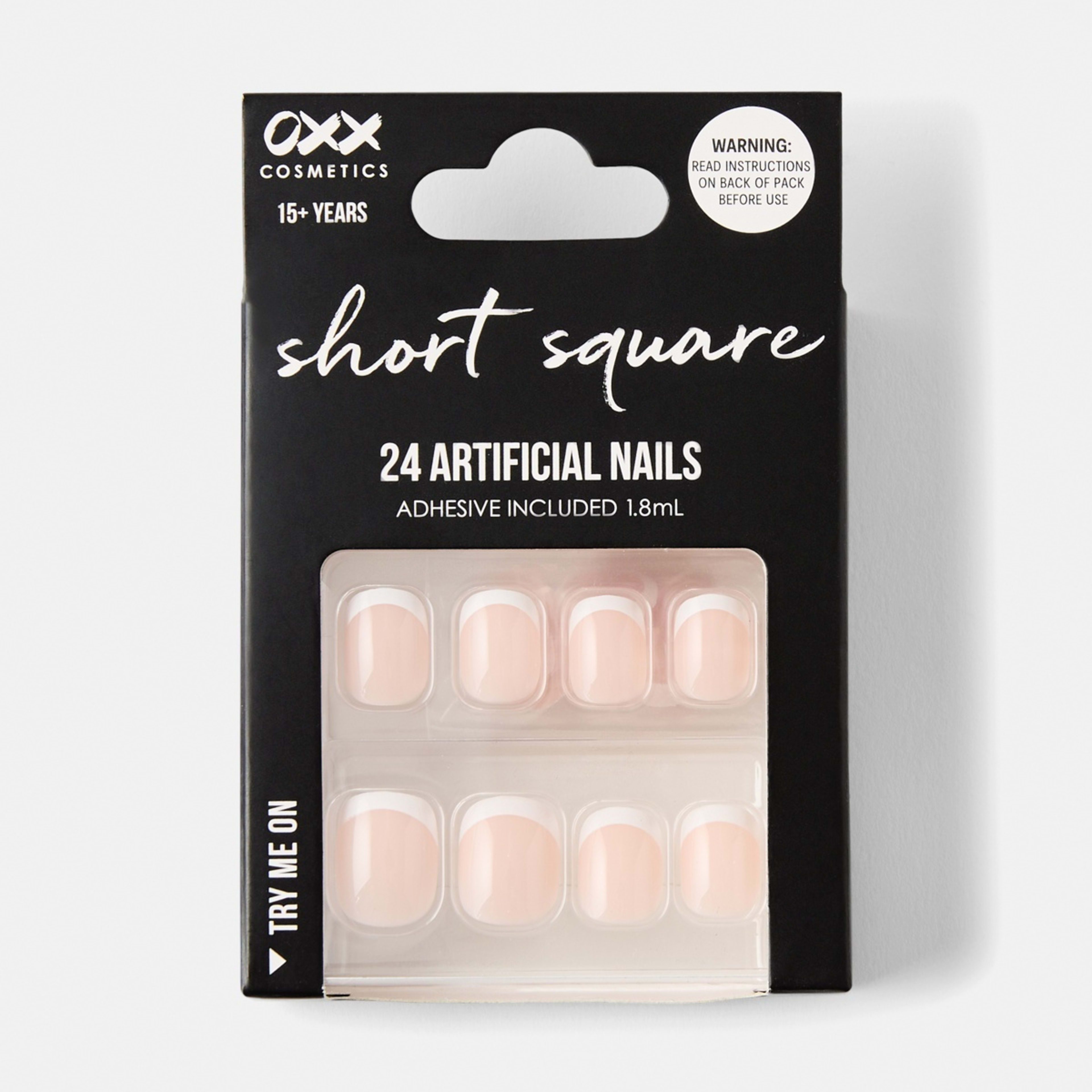 1 OXX Cosmetics 24 Pack Artificial Nails with Adhesive - Short Square Shape, French Tip, 1 of 5