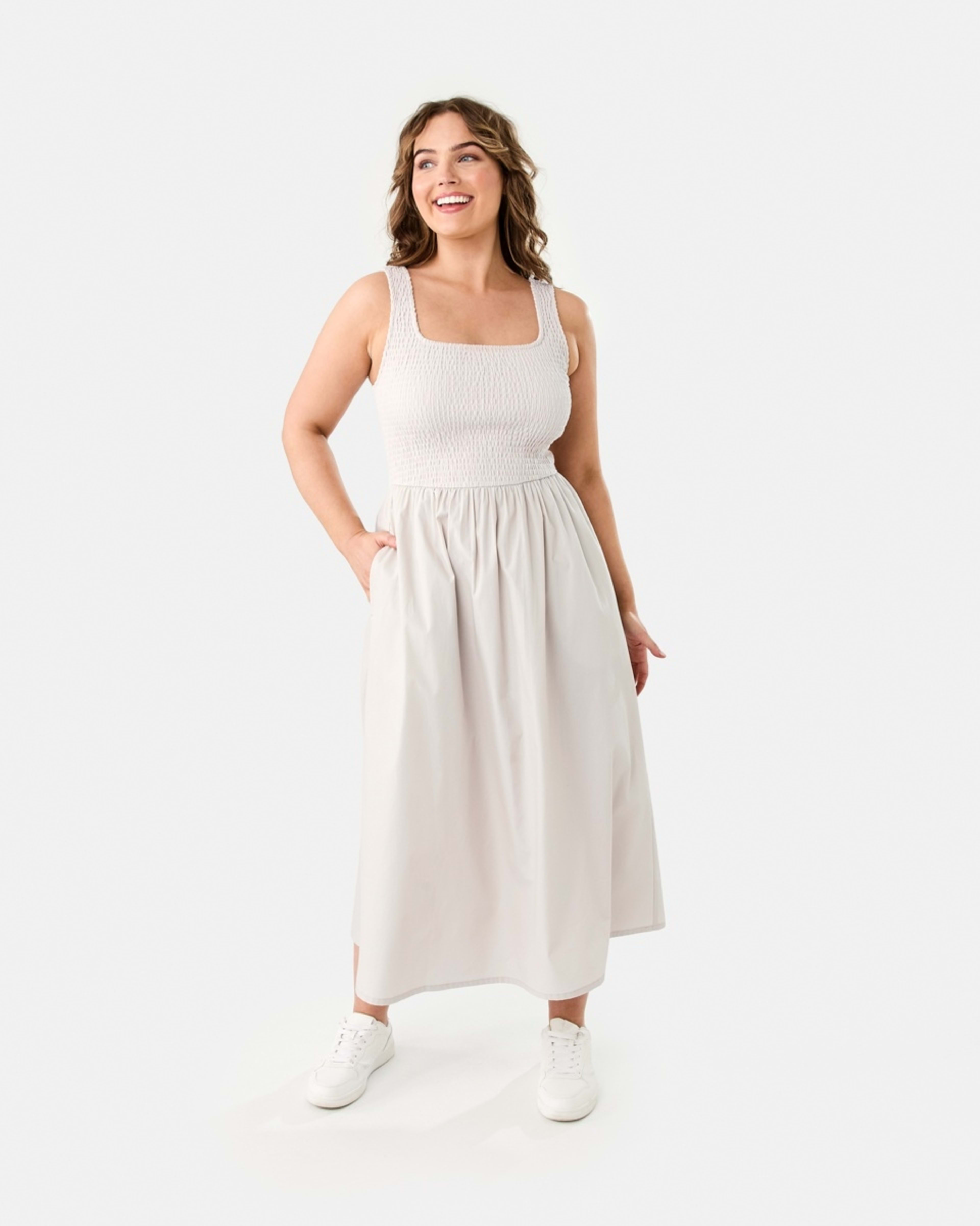 1 Sleeveless Shirred Knit Woven Midi Dress NATURAL BEIGE, 1 of 10