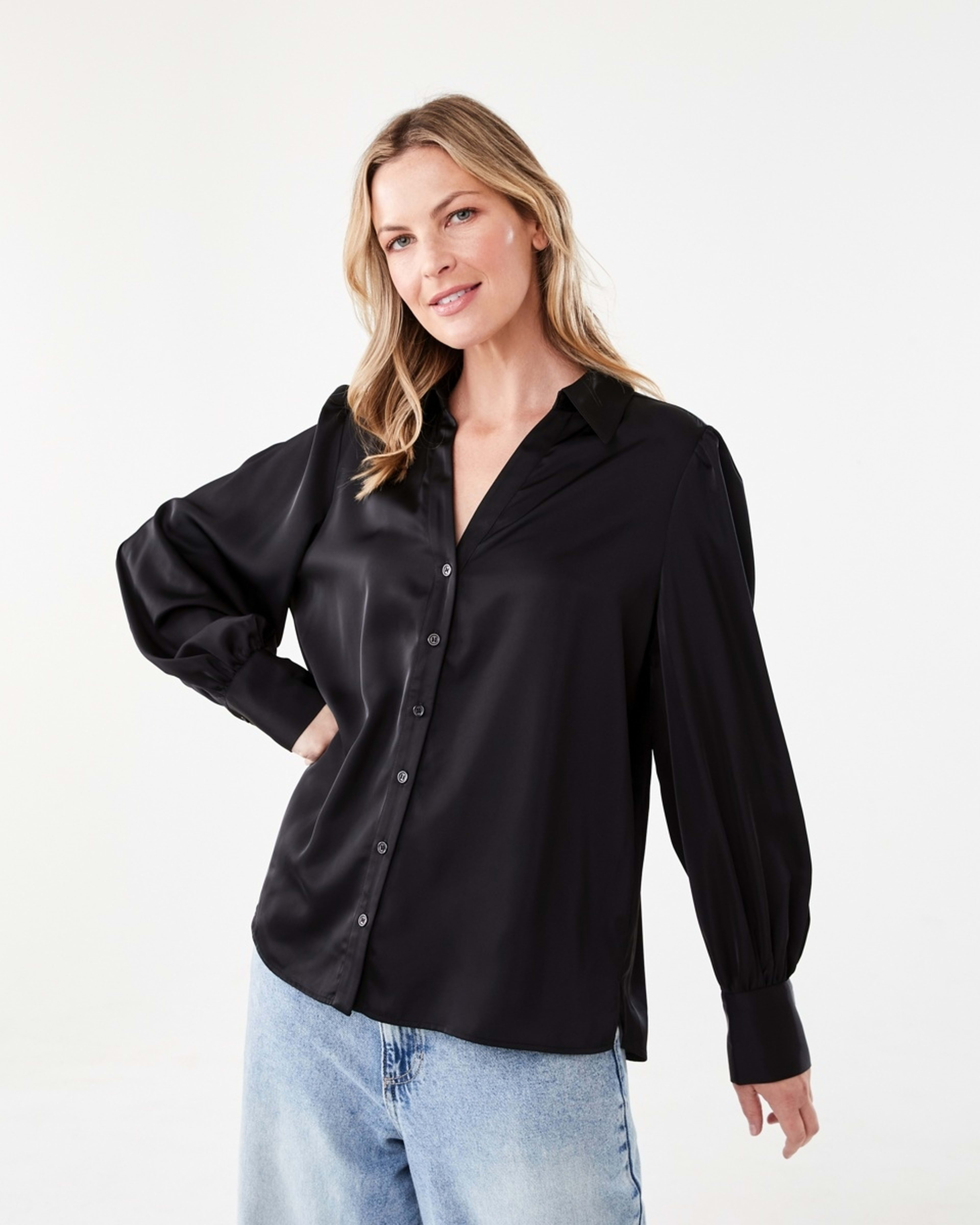 2 Long Sleeve Satin Shirt Black, 2 of 6