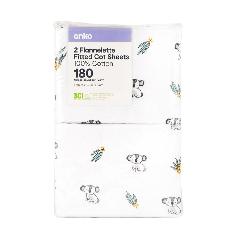 2 Pack Flannelette Cotton Fitted Cot Sheets Koala Kmart NZ