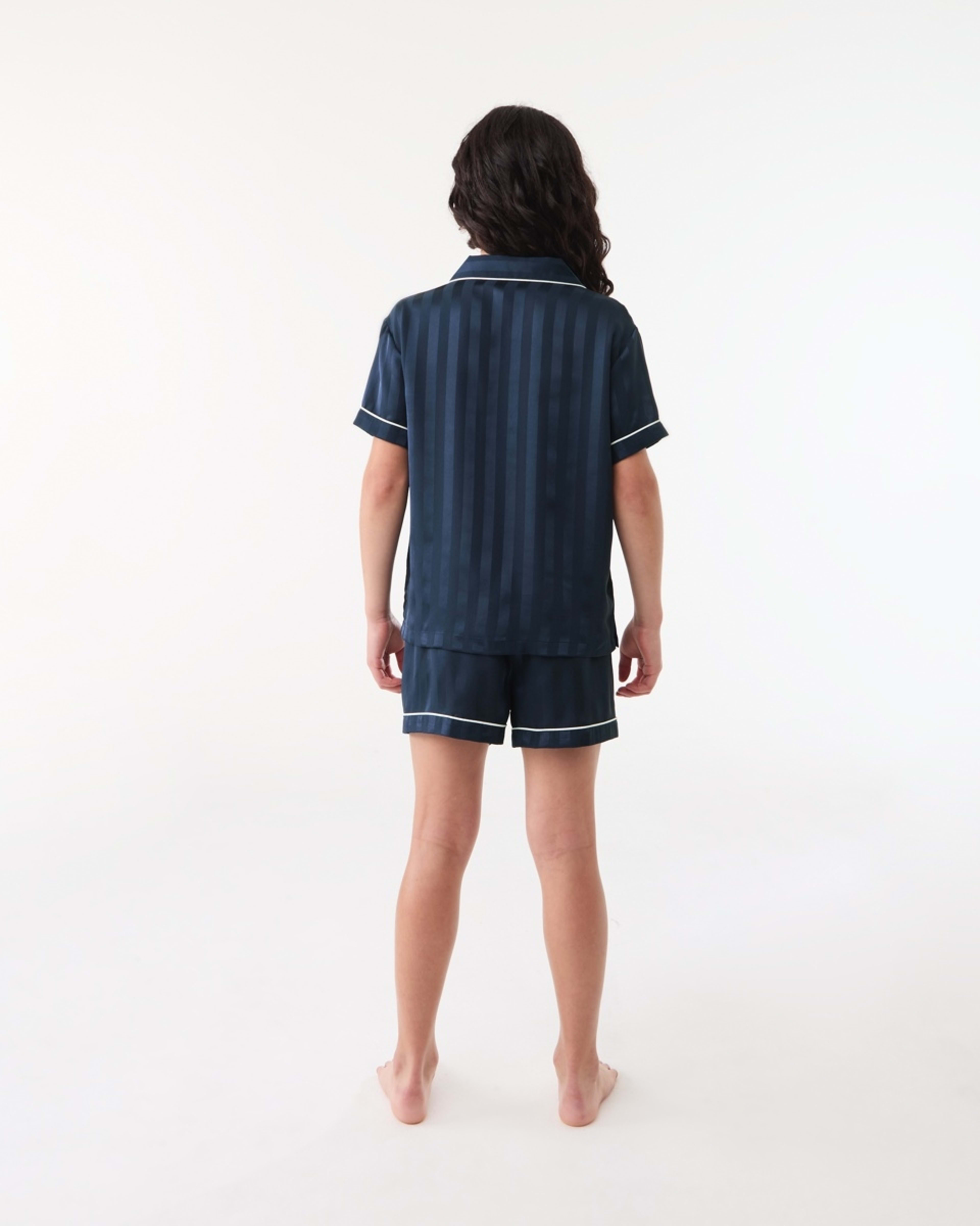 2 Short Sleeve Satin Pyjama Set JACQUARD STRIPE DEEP INDIGO, 2 of 6
