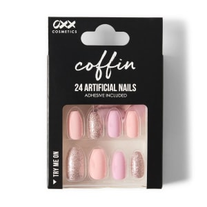 OXX Cosmetics 24 Pack Artificial Nails with Adhesive - Coffin Shape, Sunrise Glitter