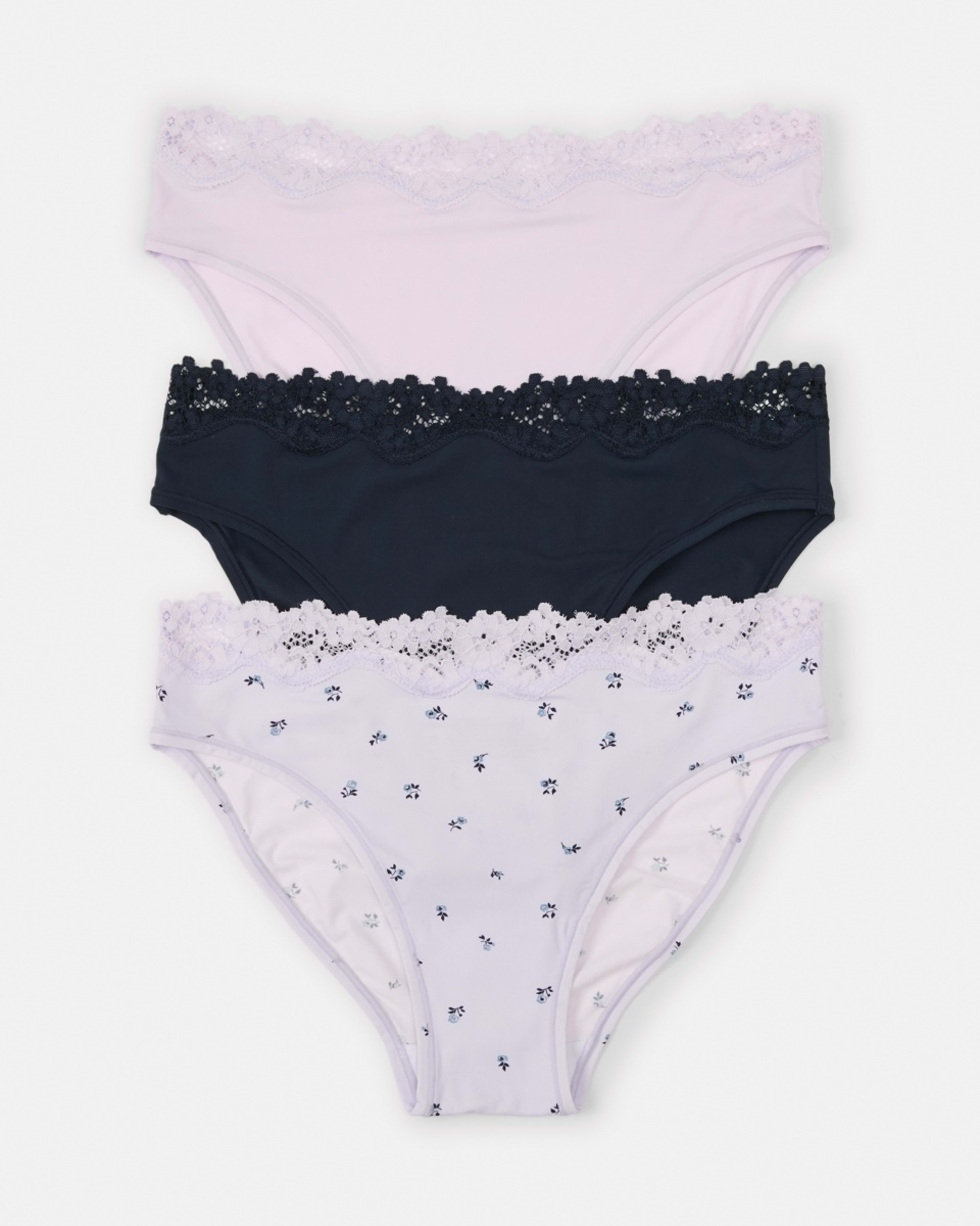 1 3 Pack Super Soft Lace Bikini Briefs LAVENDER FLORAL, MIDNIGHT, LILY LAVENDER, 1 of 9