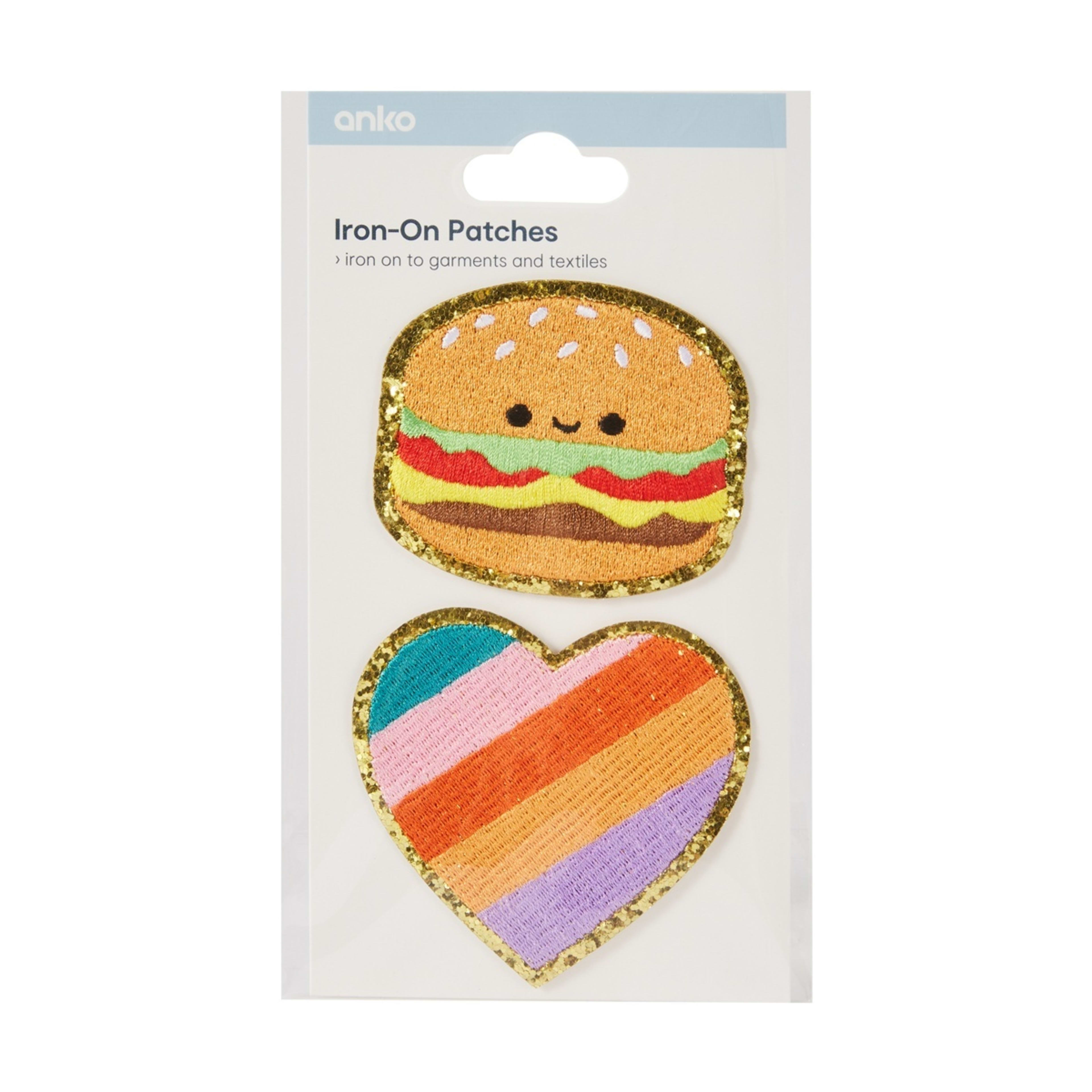1 2 Piece Iron-On Patches - Novelty Burger and Heart, 1 of 3