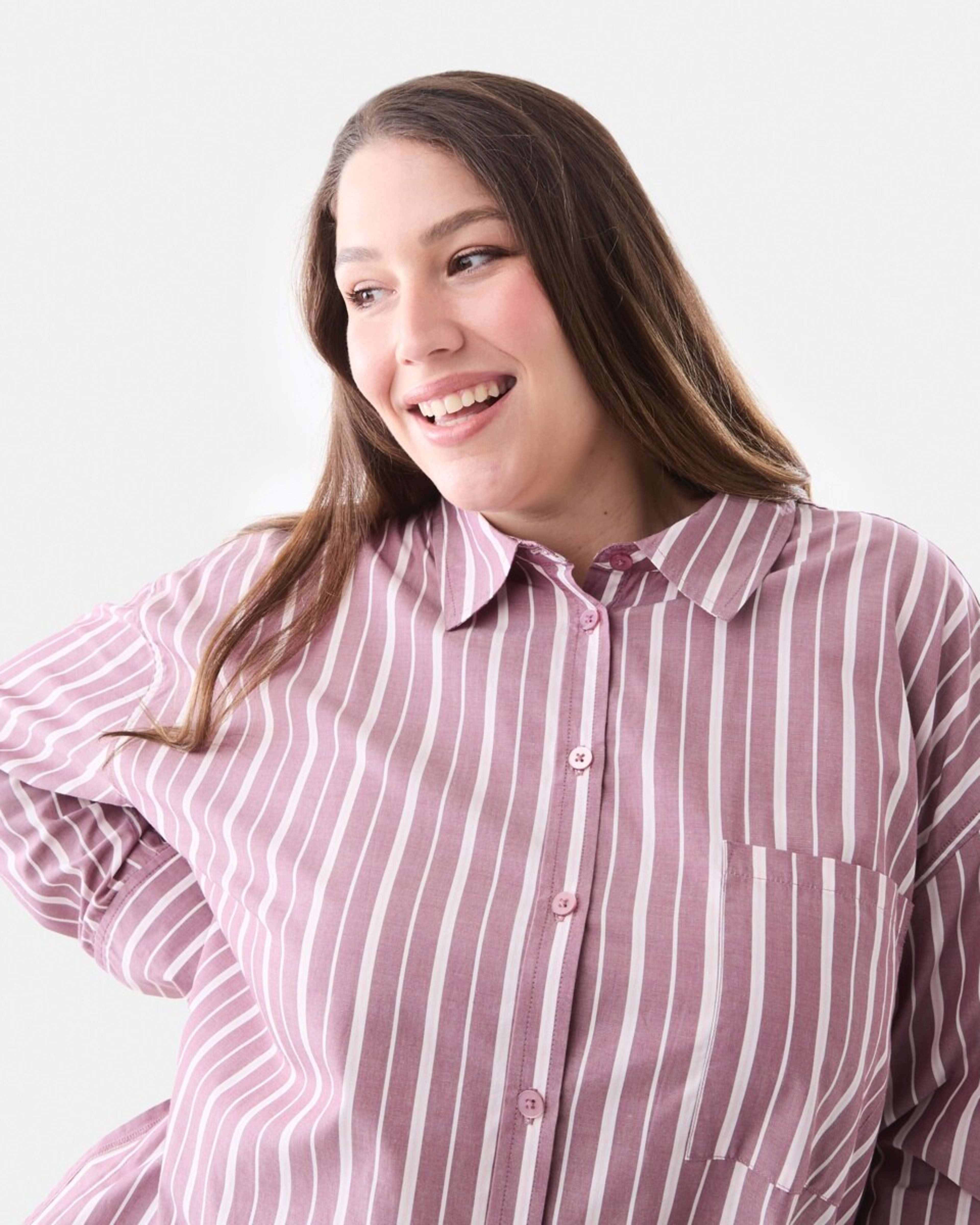 4 Curve Long Sleeve Boyfriend Shirt Berry Strp, 4 of 5