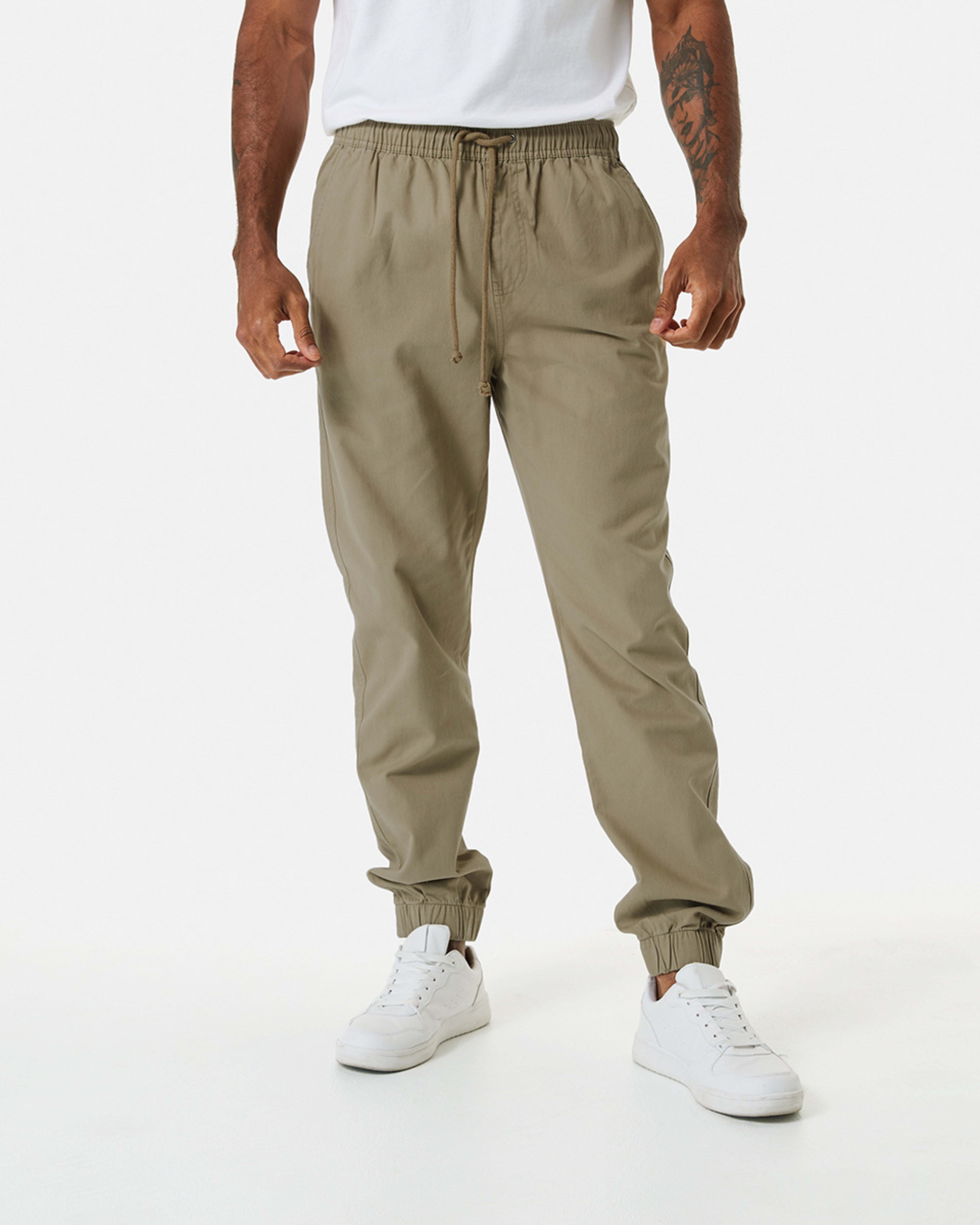 1 Elastic Waist Jogger Pants Khaki Beige