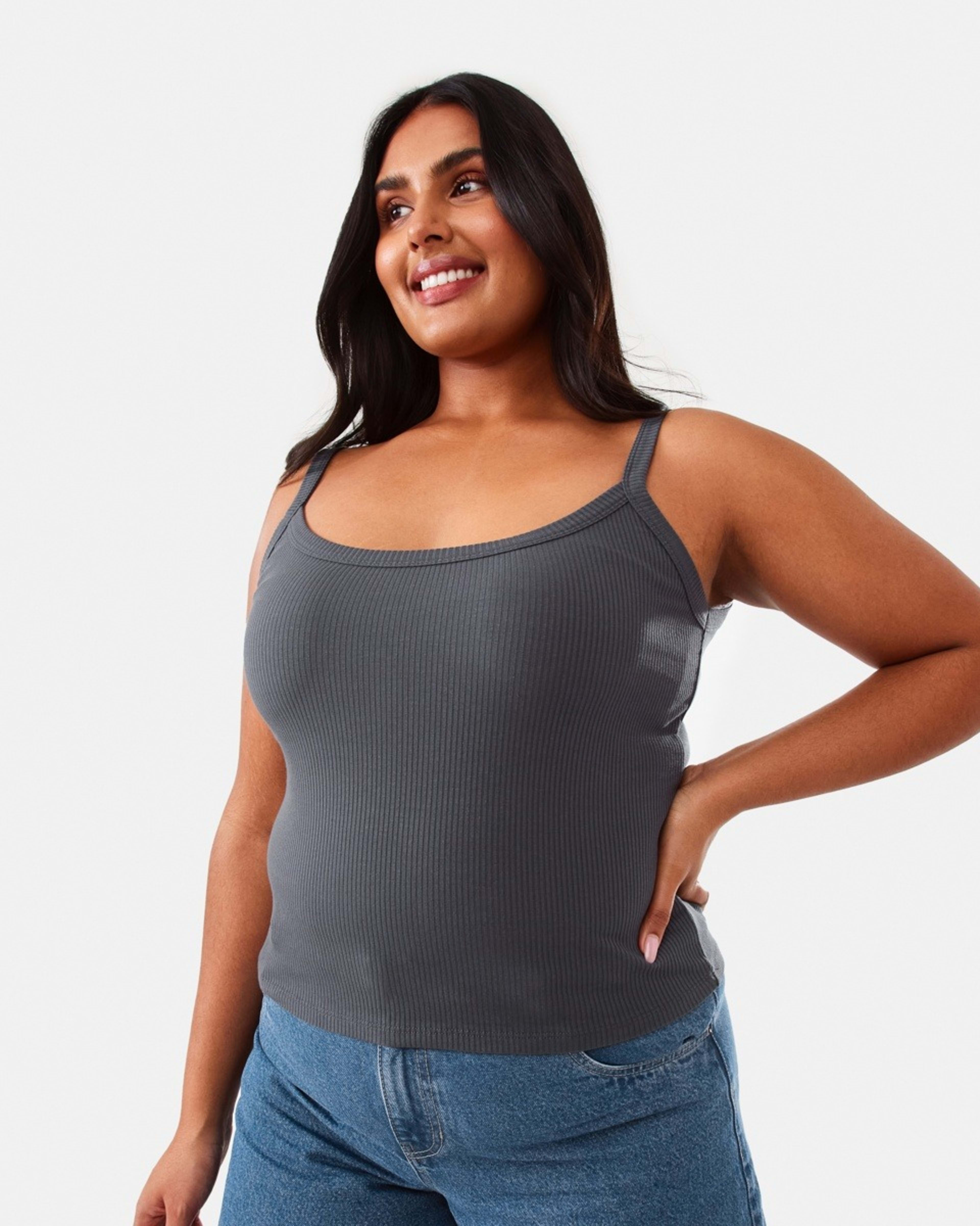 1 Sleeveless Rib Scoop Neck Cami Lead Grey