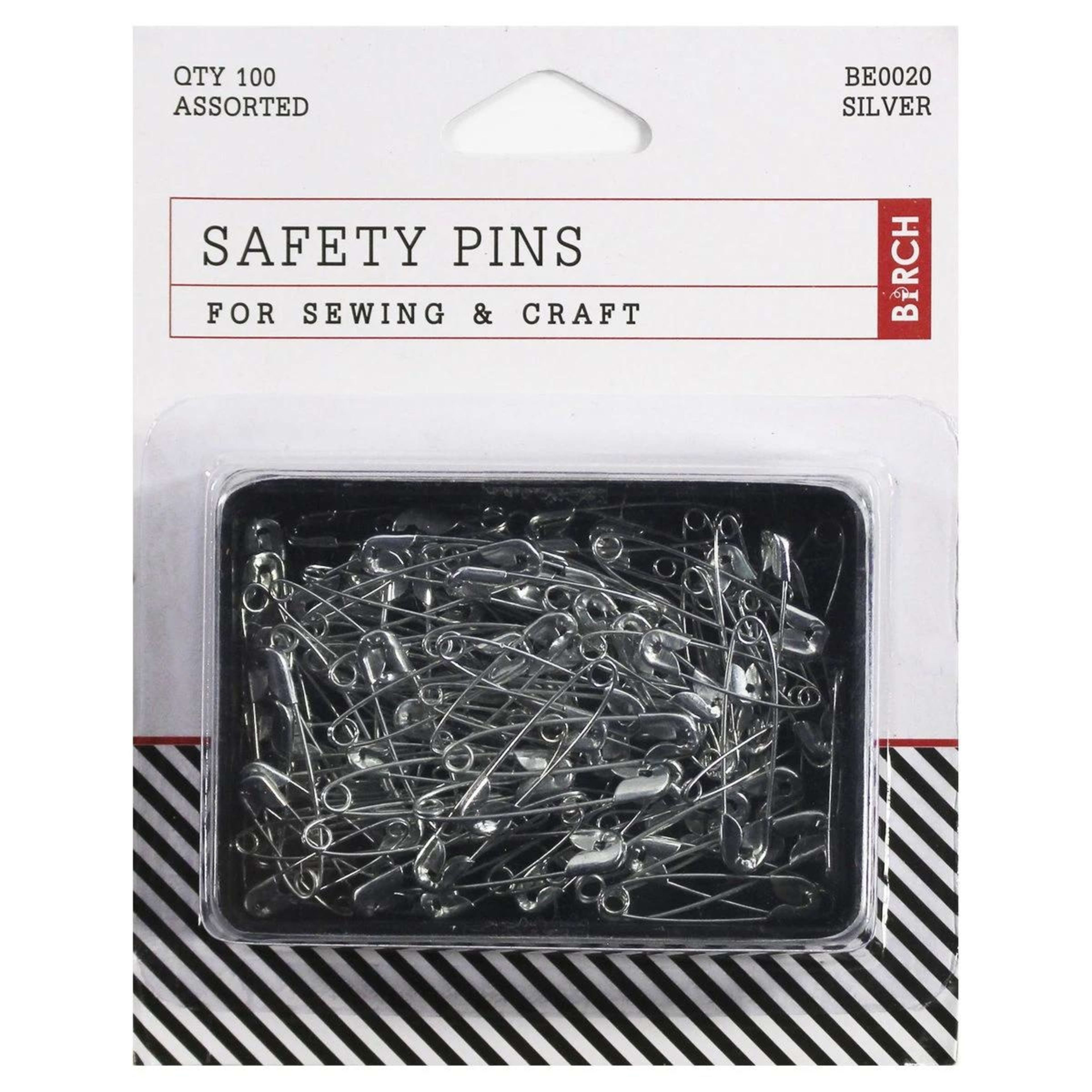 1 Birch 100 Pack Assorted Safety Pins - Silver Look