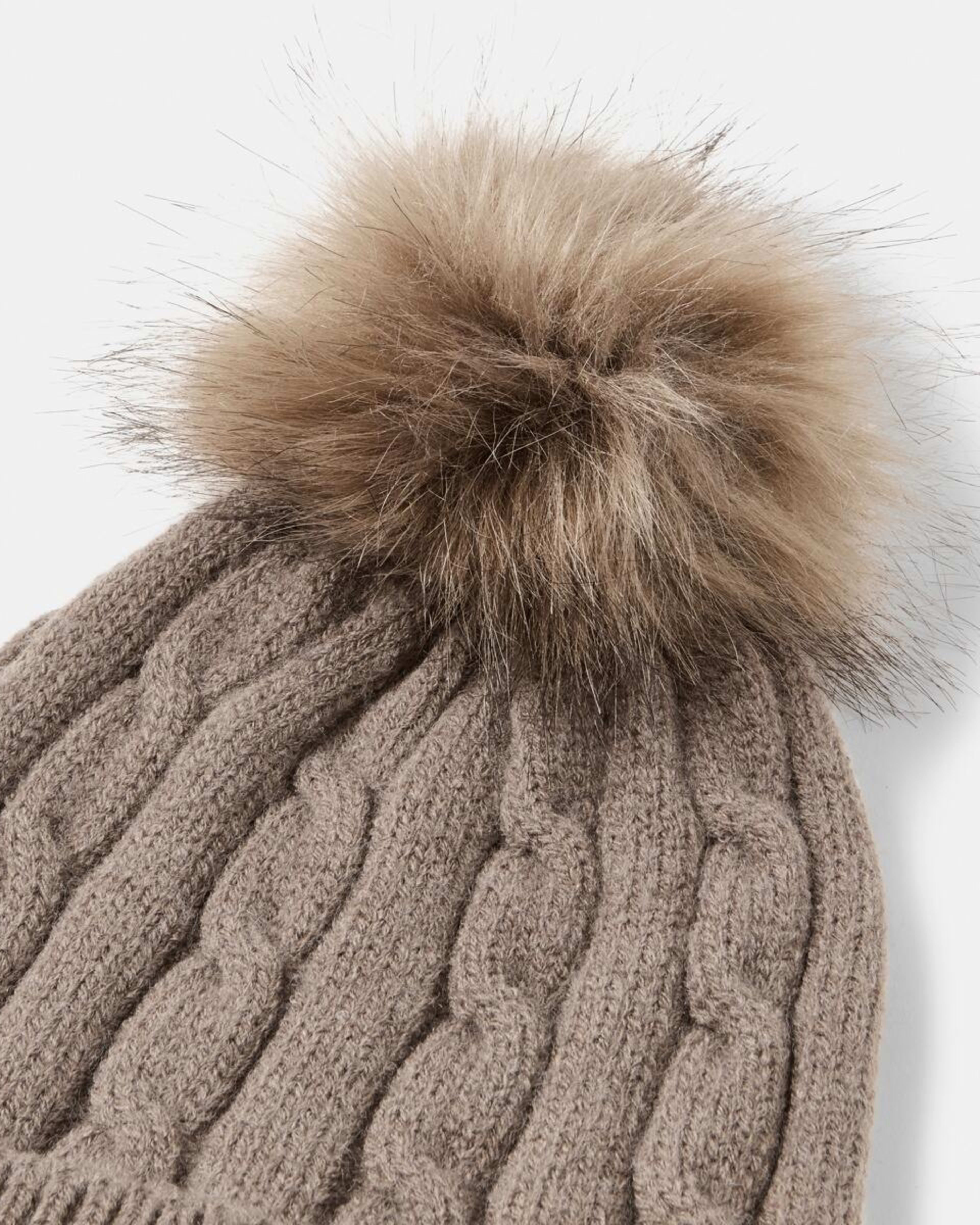 3 Cable Pom Pom Beanie Deep Taupe, 3 of 4