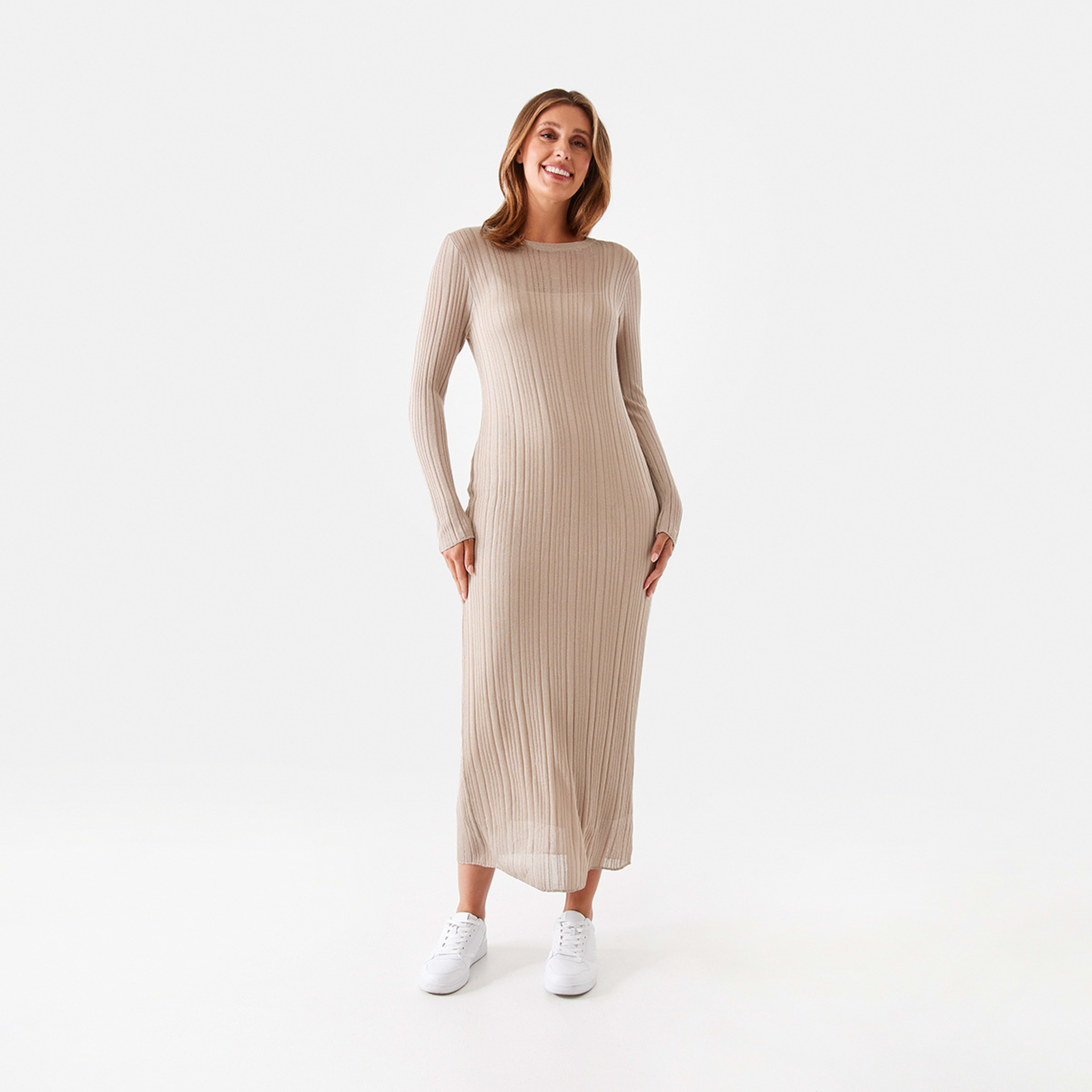 1 Long Sleeve Sheer Midi Dress Ash Beige, 1 of 9