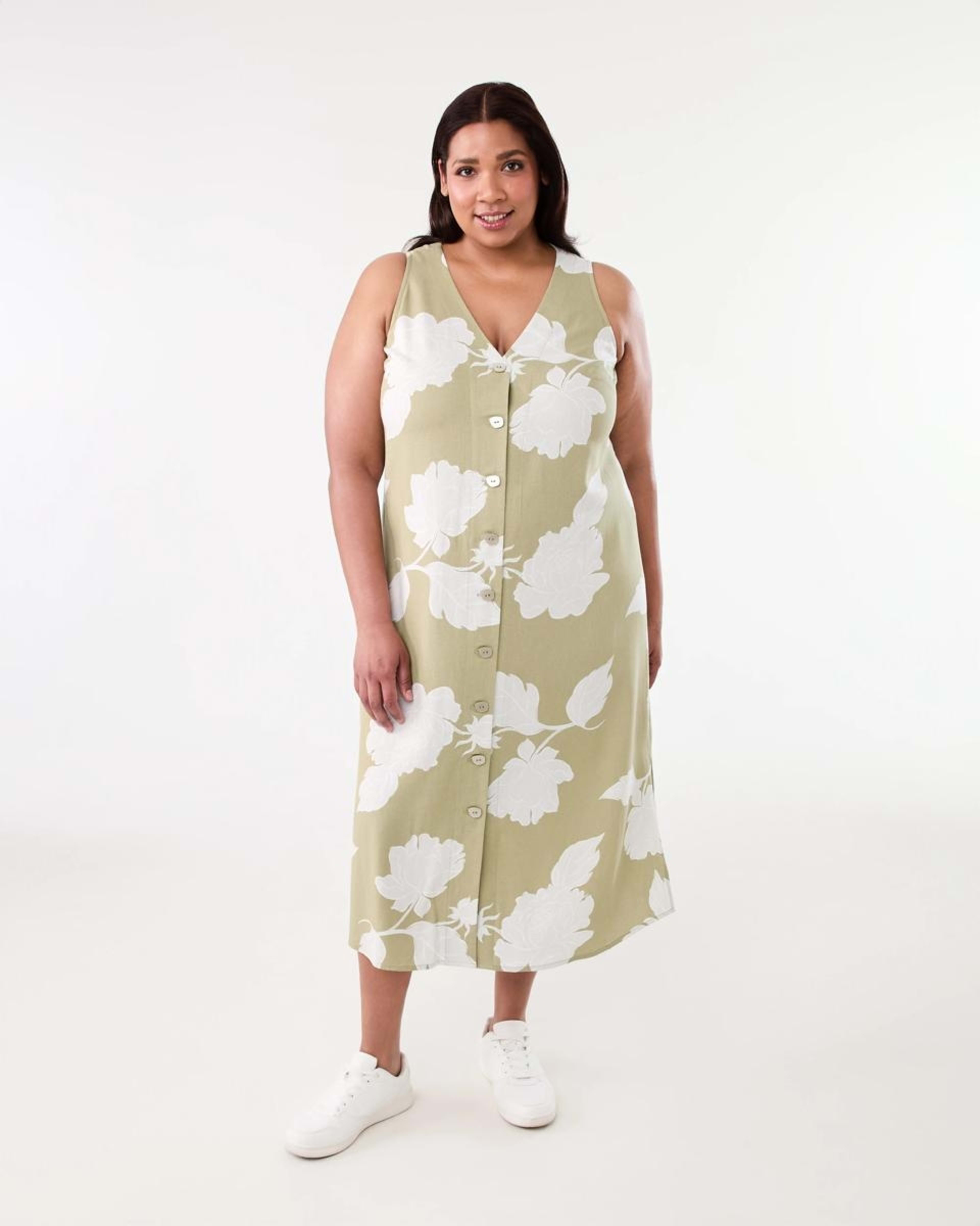 1 Curve Sleeveless Button Through Midi Dress Green Flrl, 1 of 6