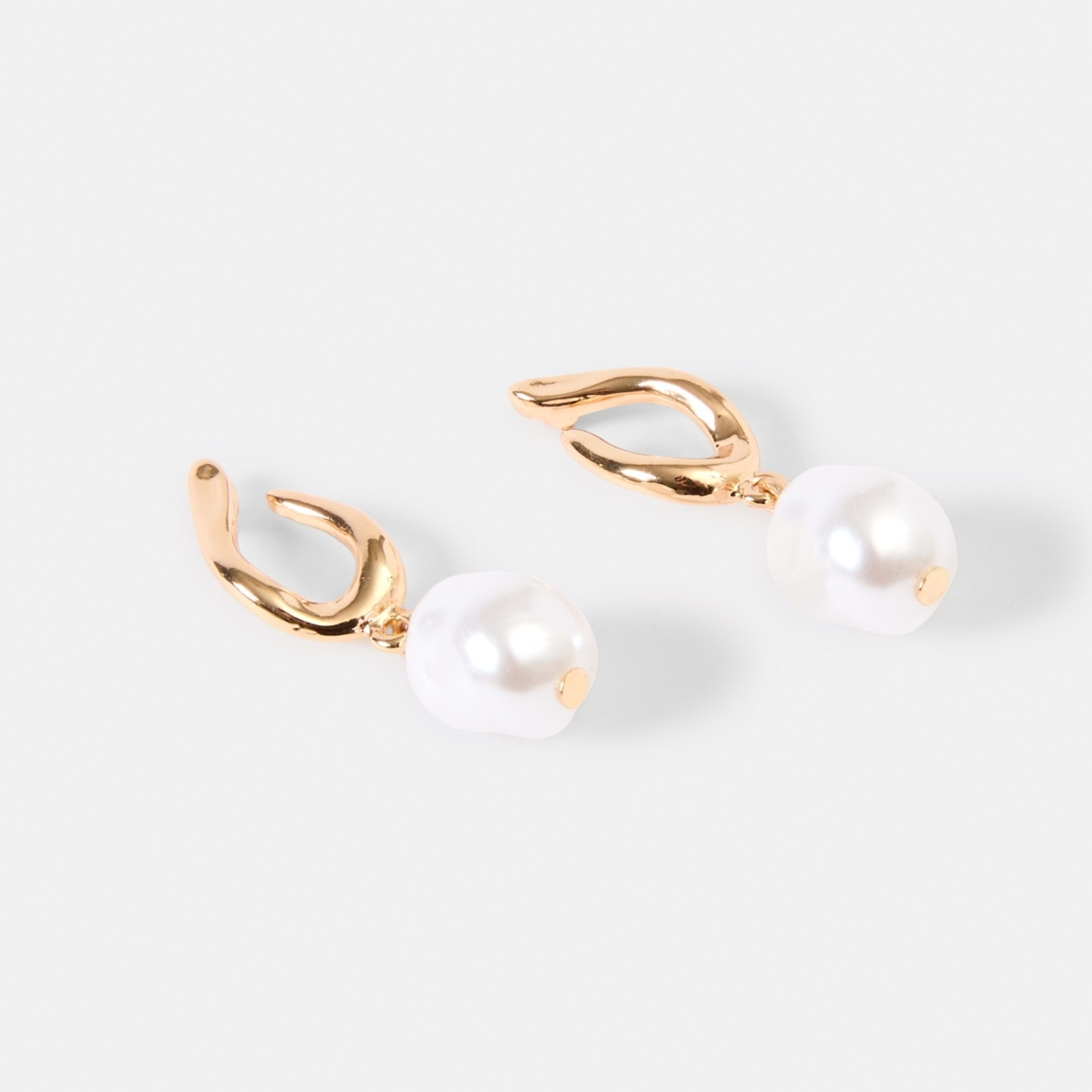 2 Loop and Faux Pearl Drop Earrings - Gold Tone Gold, 2 of 4