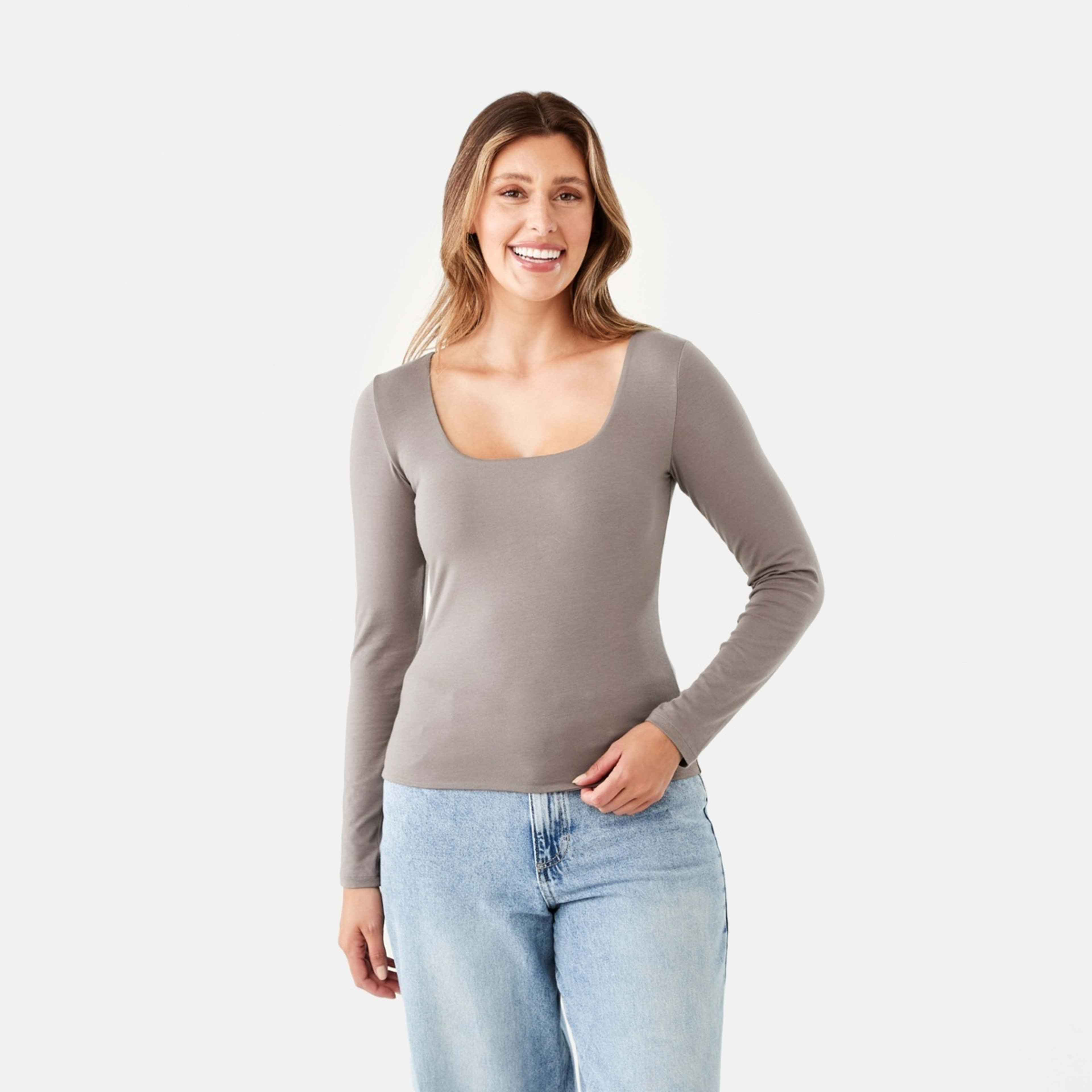 1 Long Sleeve Square Neck Top Deep Taupe, 1 of 7