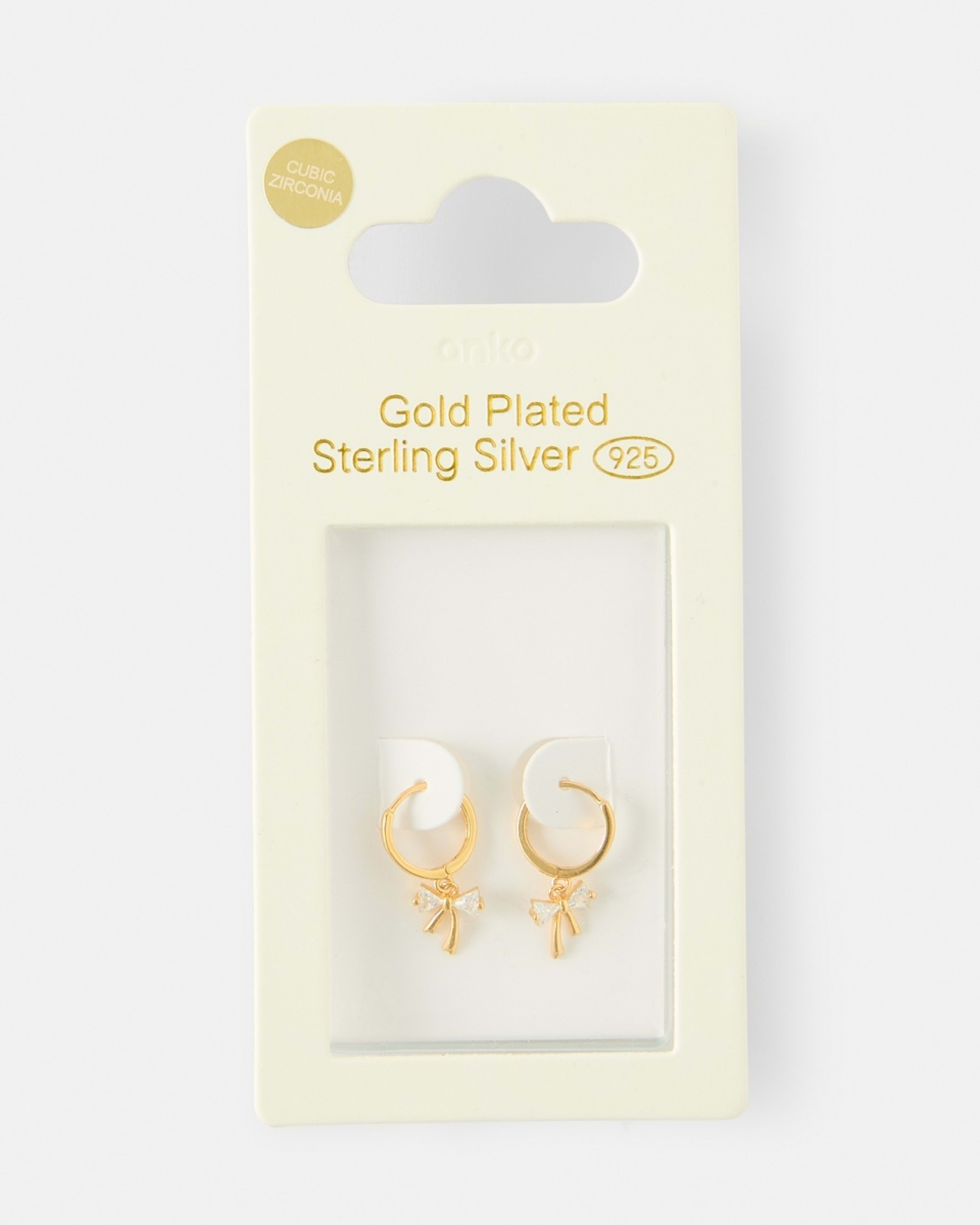 5 Cubic Zirconia Gold Plated Sterling Silver 925 Bow Hoop Earrings Gold, 5 of 5