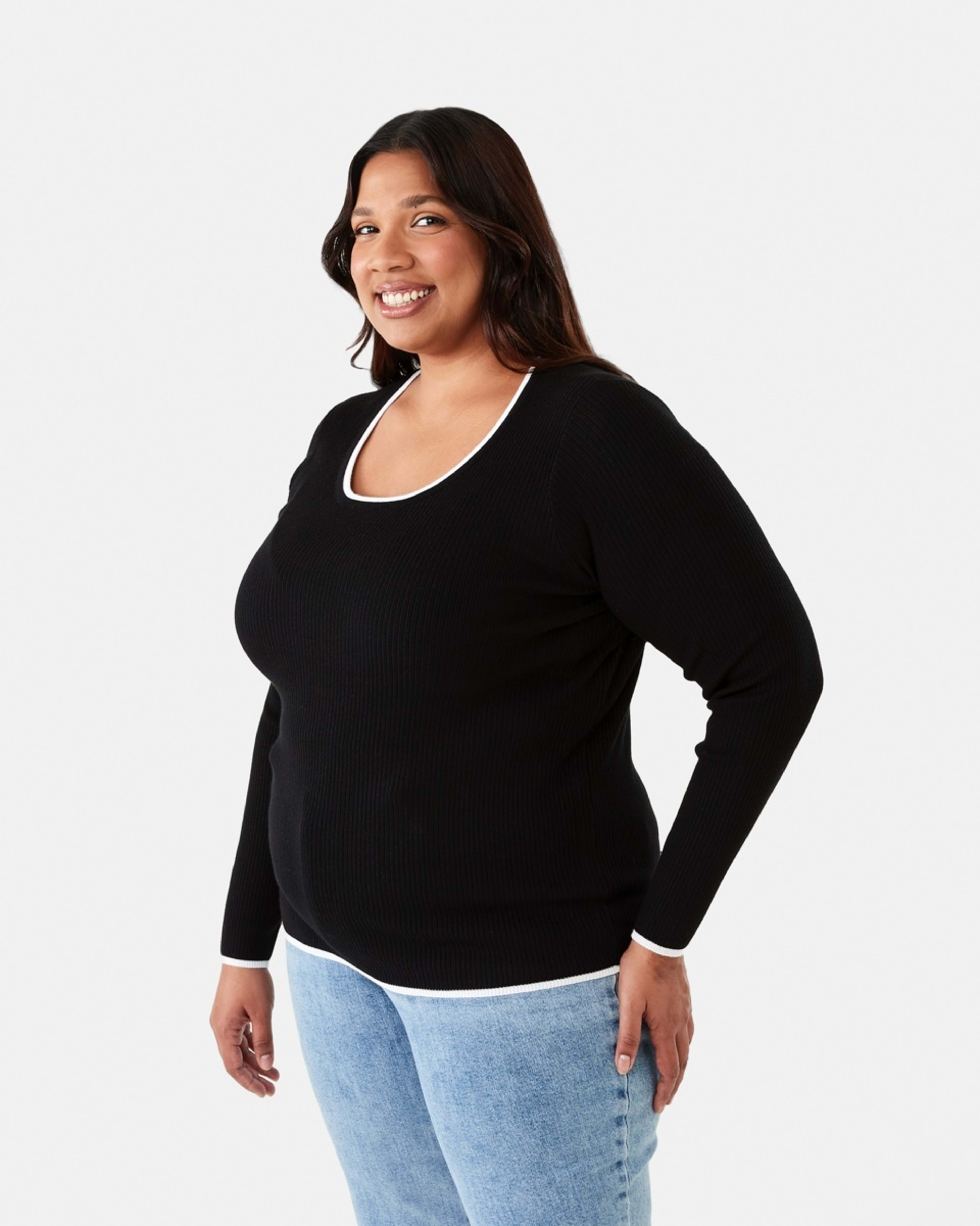 2 Curve Contrast Tipping Long Sleeve Top Black, 2 of 6