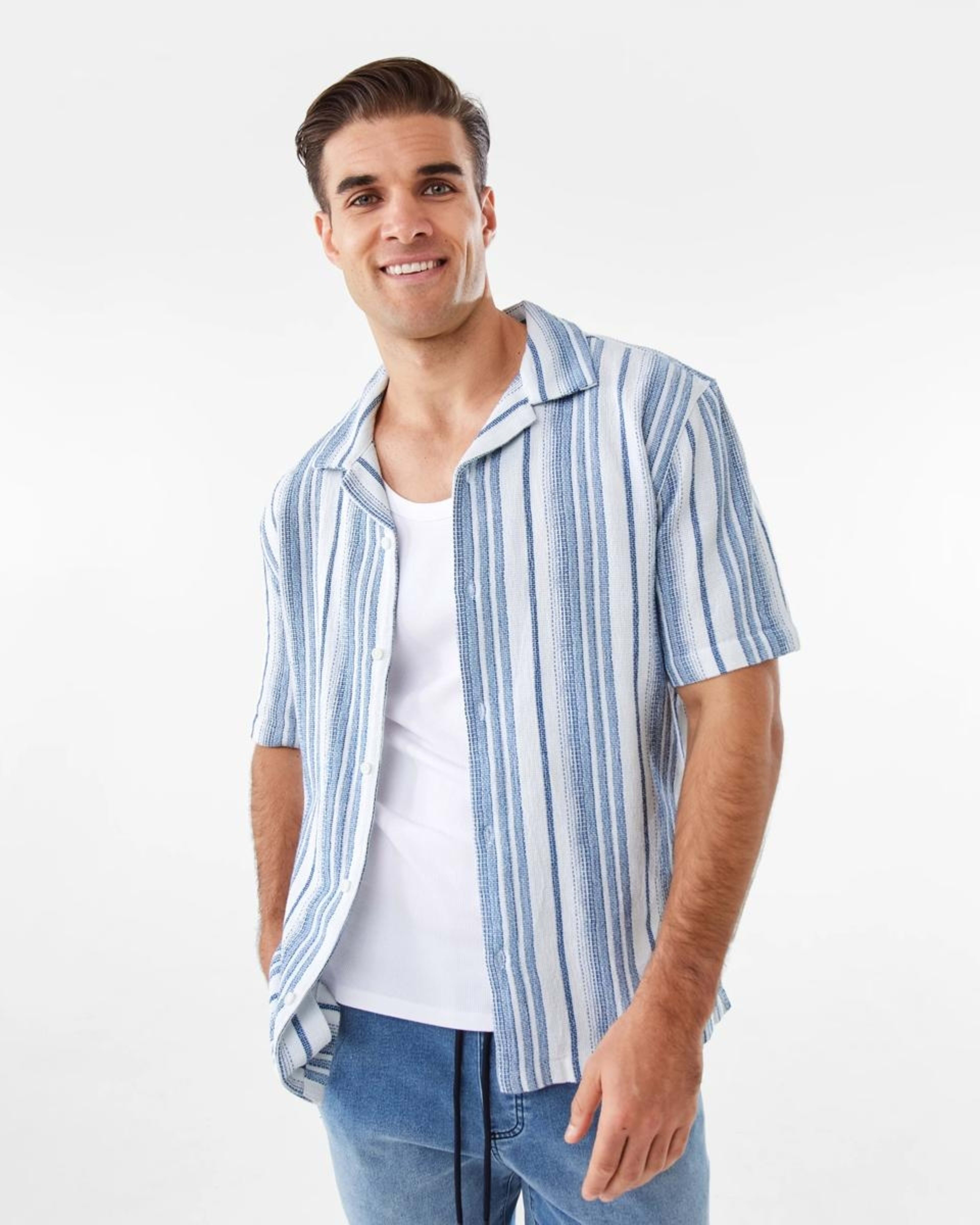 1 Short Sleeve Textured Stripe Shirt VAM STRIPE BLUE, 1 of 7
