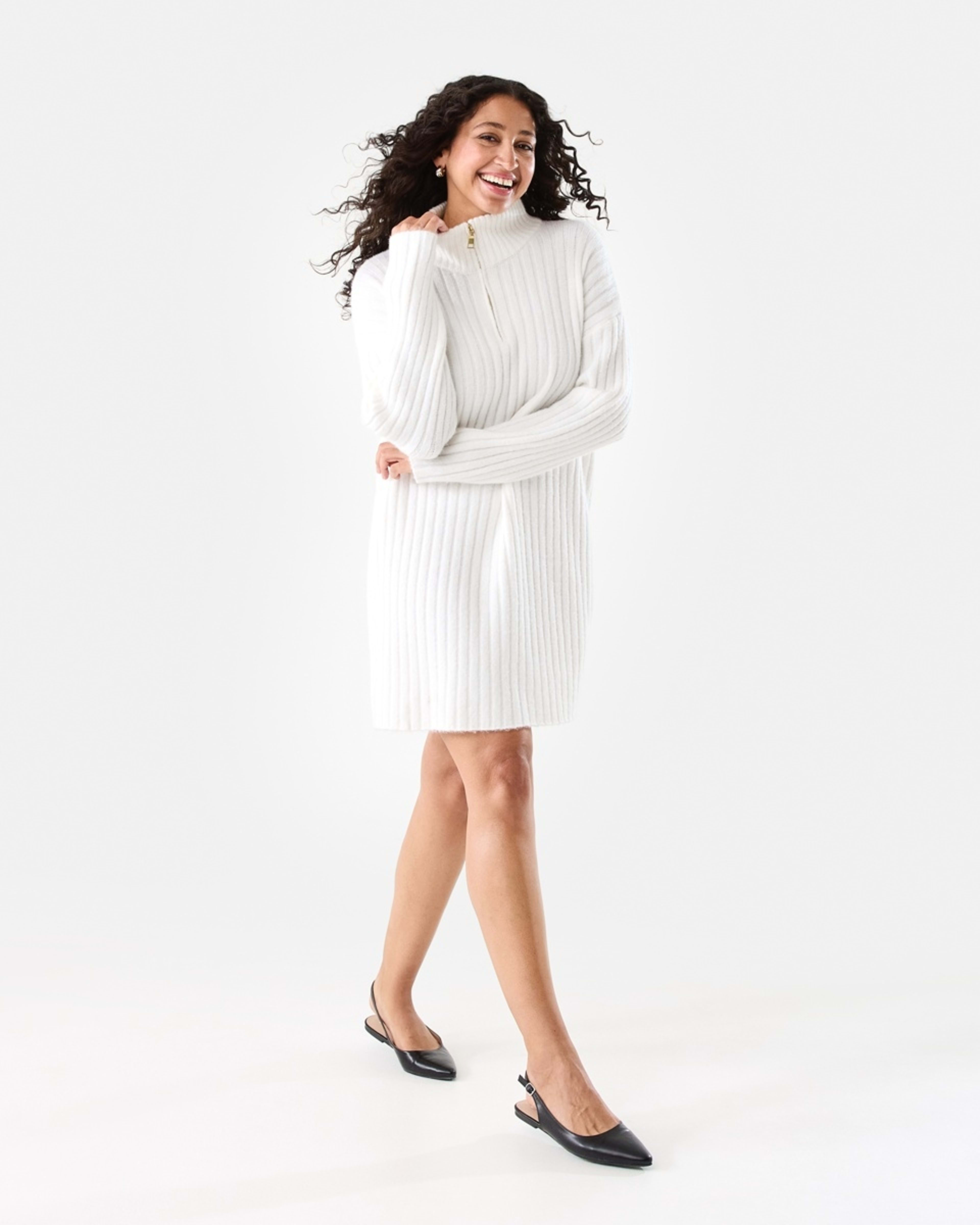 1 Long Sleeve Half Zip True Knit Mini Dress Ecru, 1 of 8