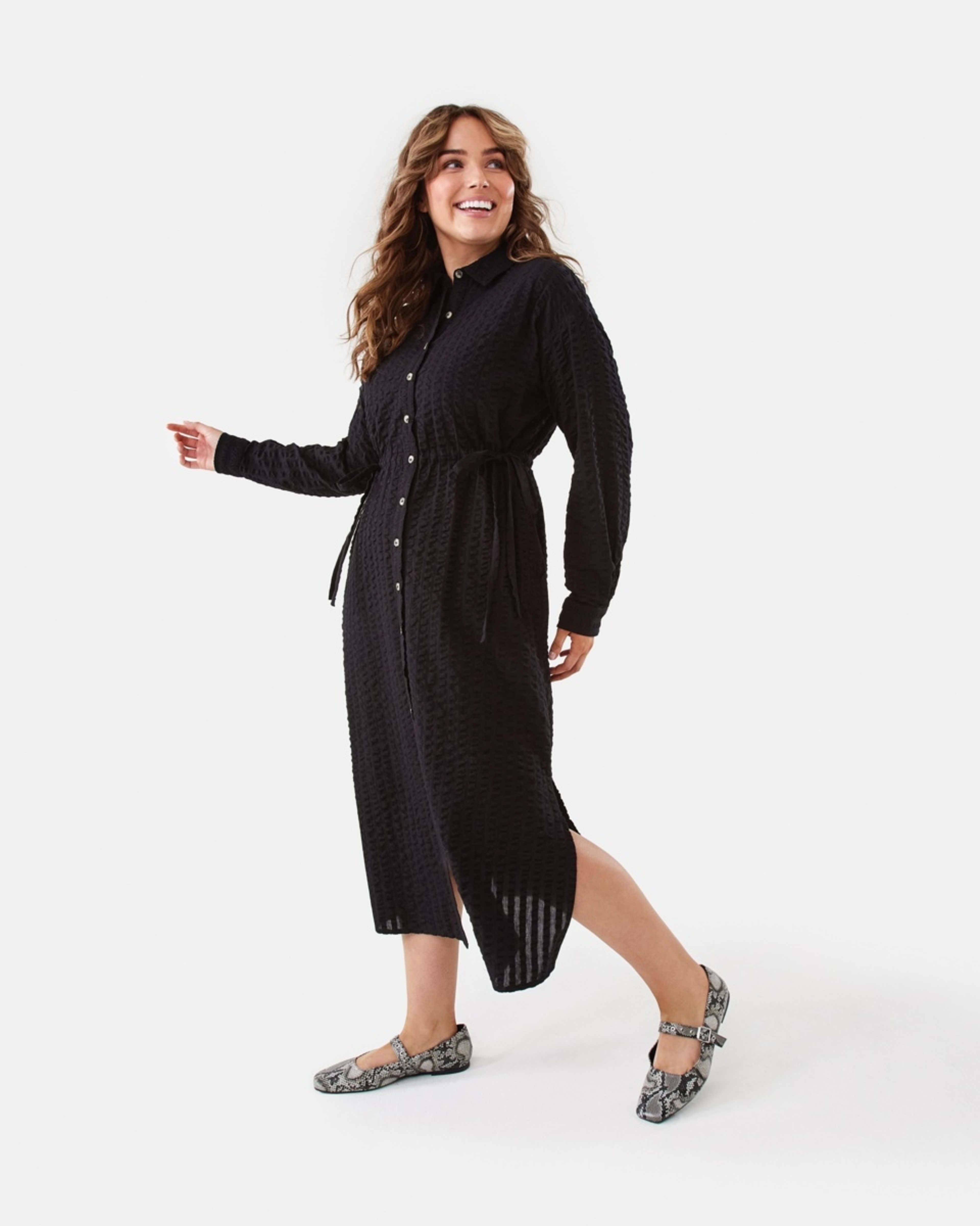 2 Long Sleeve Ruched Front Midi Shirt Dress Black, 2 of 7