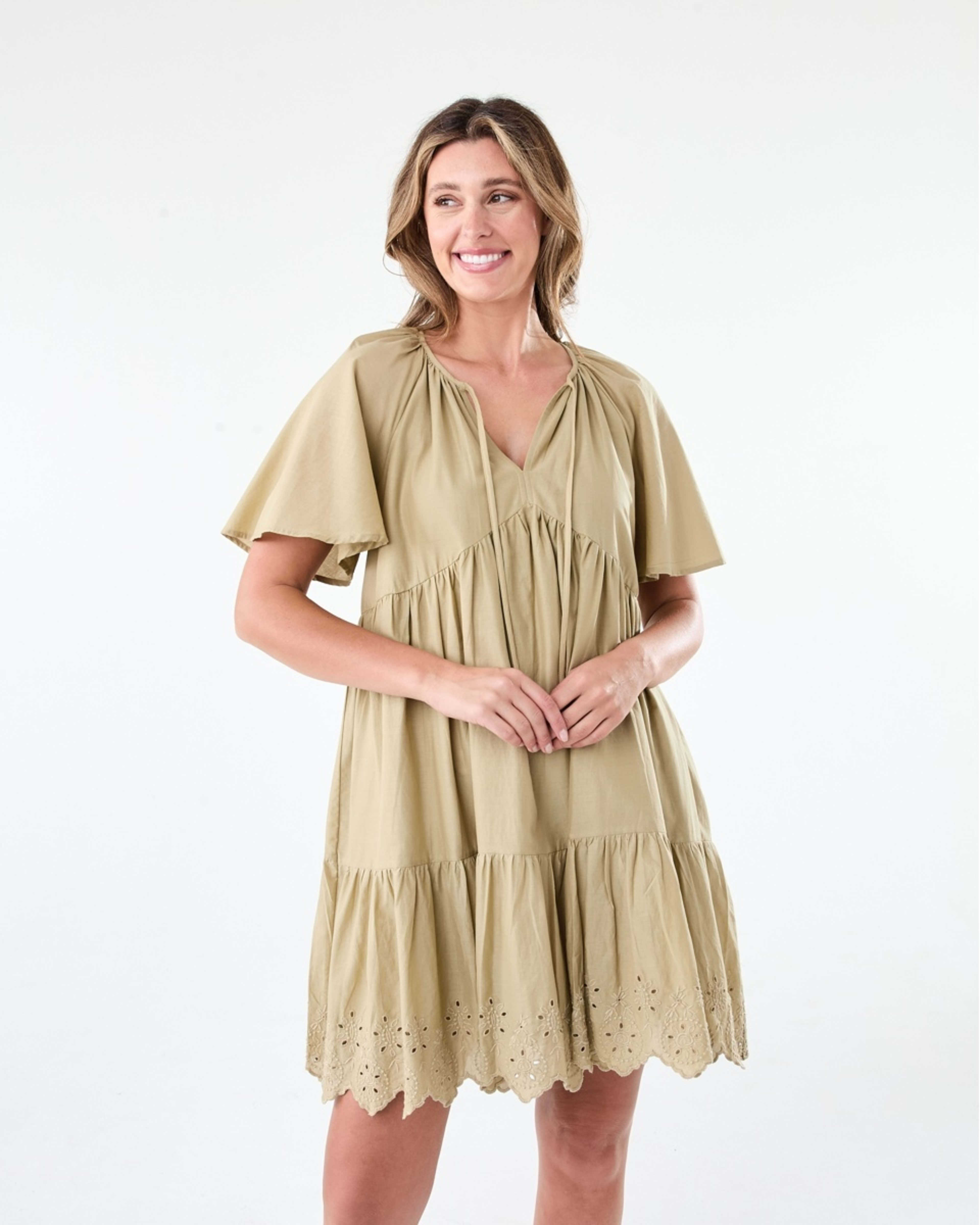 1 Short Flutter Sleeve Broderie Mini Dress Urban Grn, 1 of 7