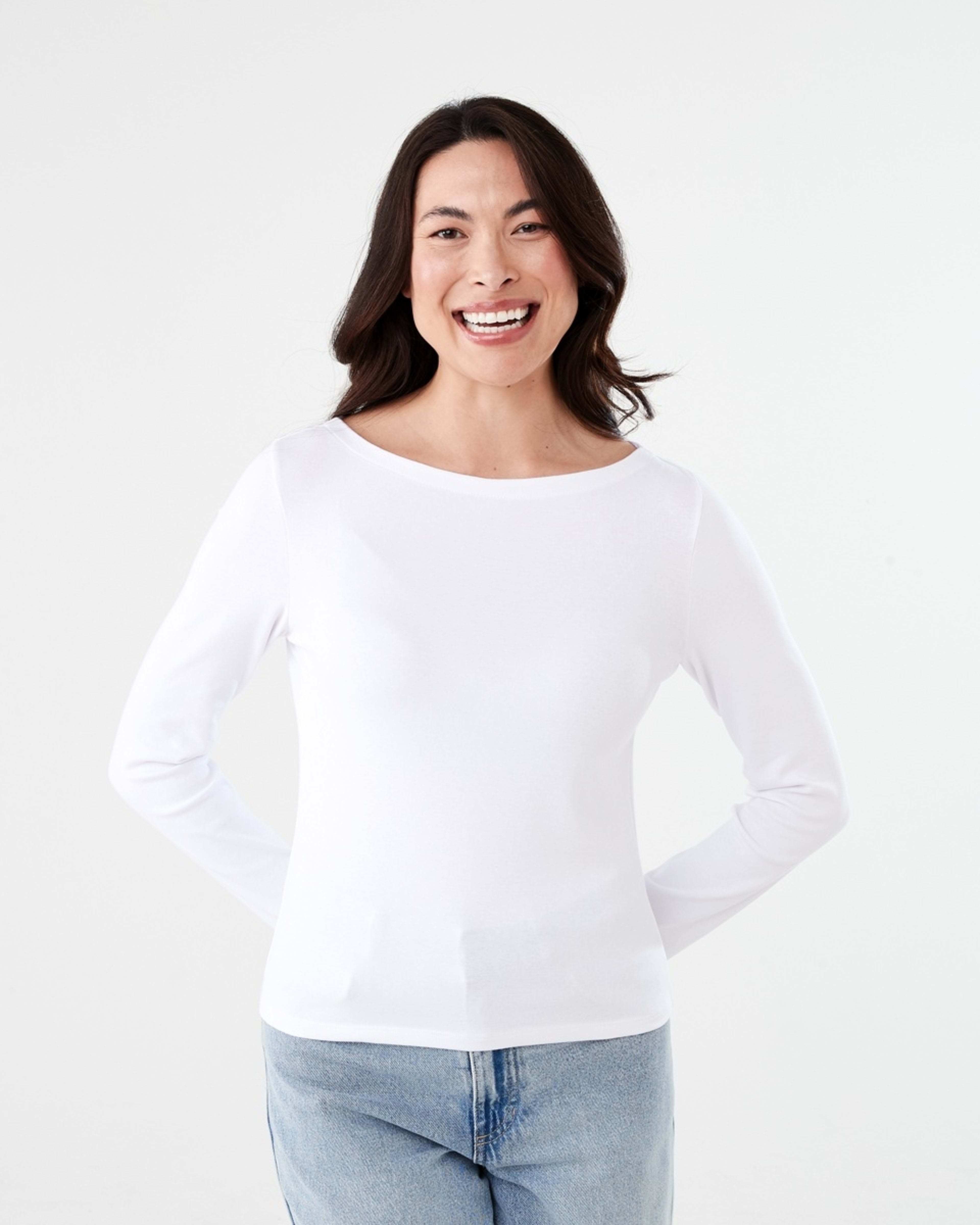 1 Long Sleeve Modal Boat Neck Top WHITE