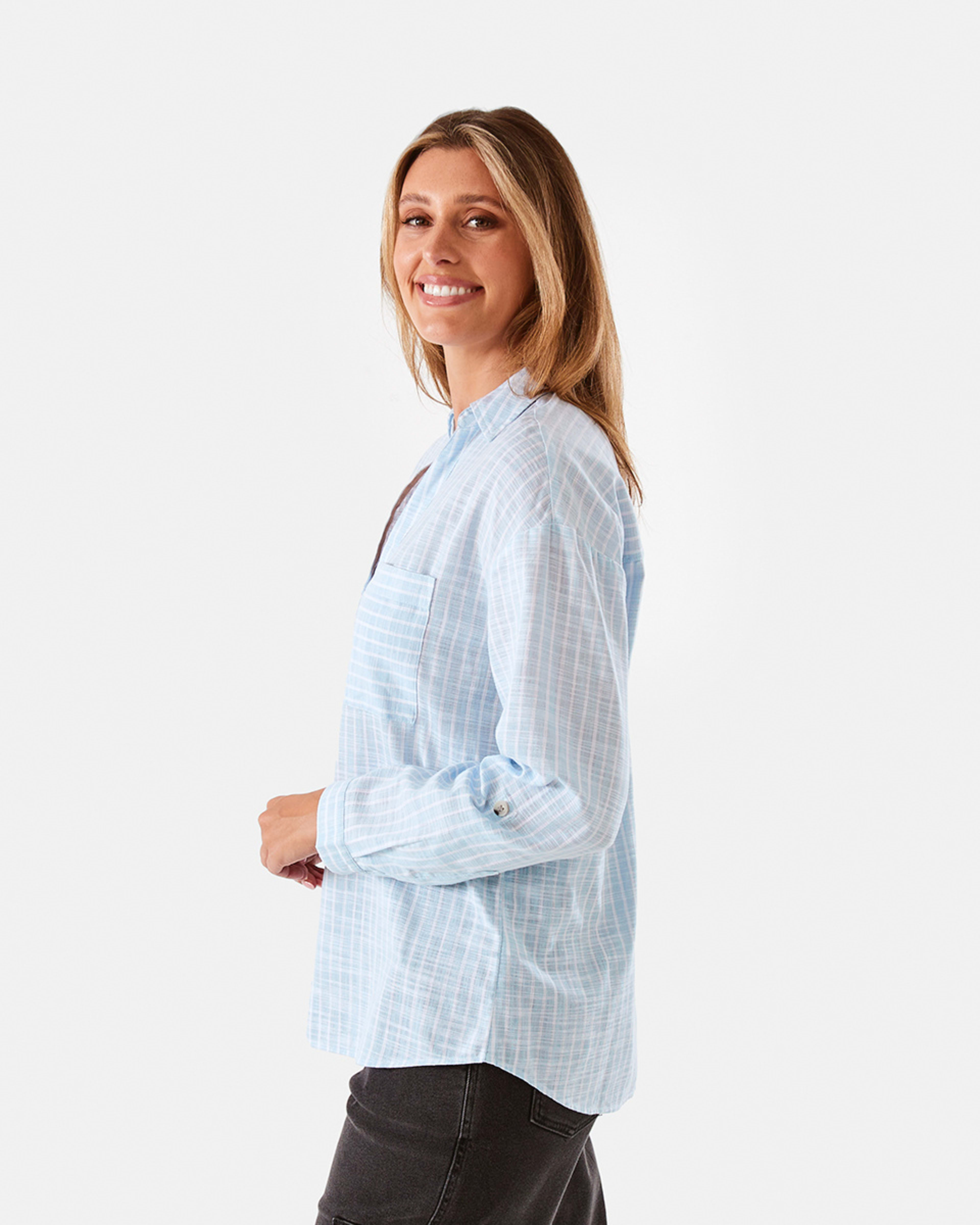 3 Rolled Sleeve Cotton Slub Shirt Bl/wh Strp, 3 of 9