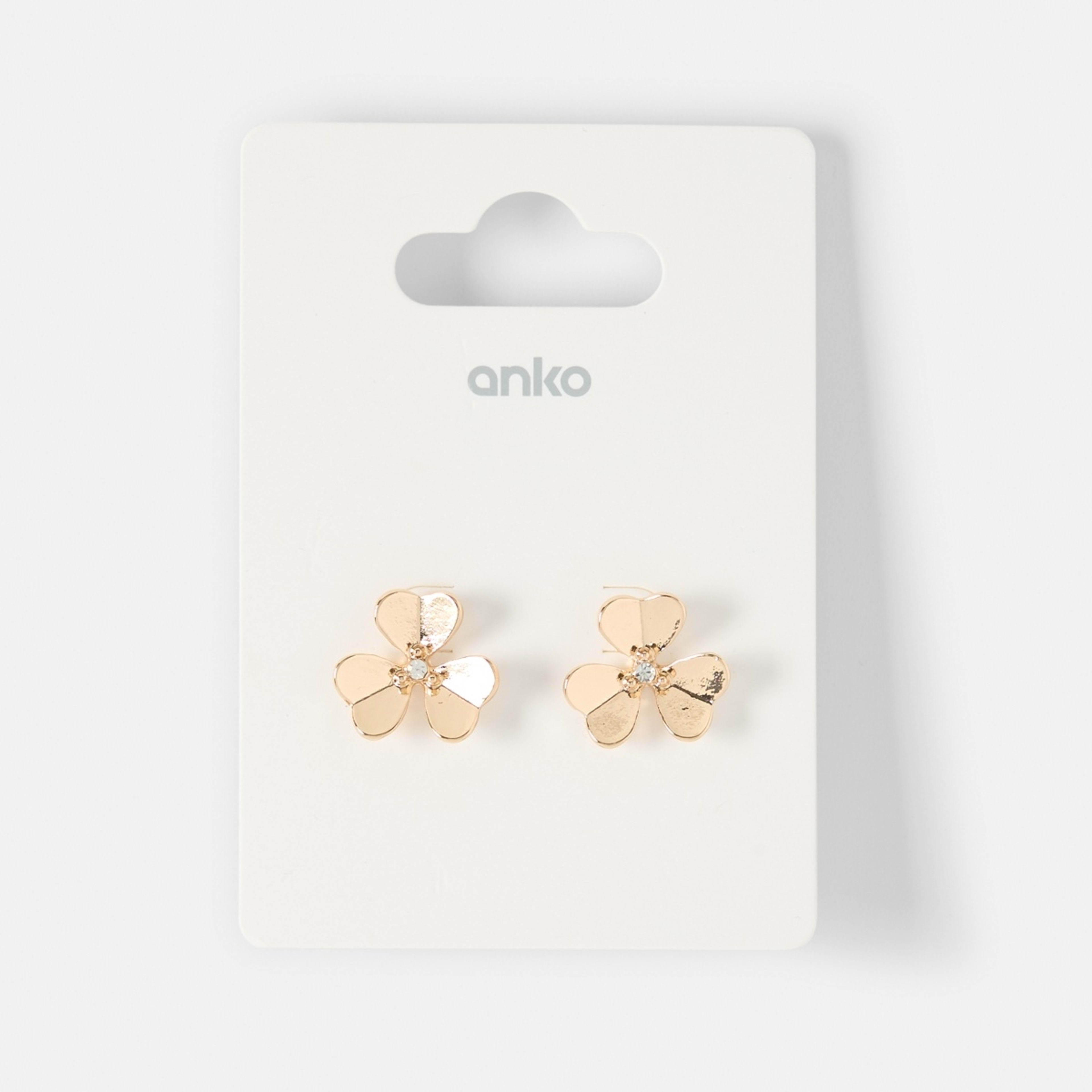 5 Three Petal Crystal Flower Stud Earrings - Gold Tone, 5 of 5