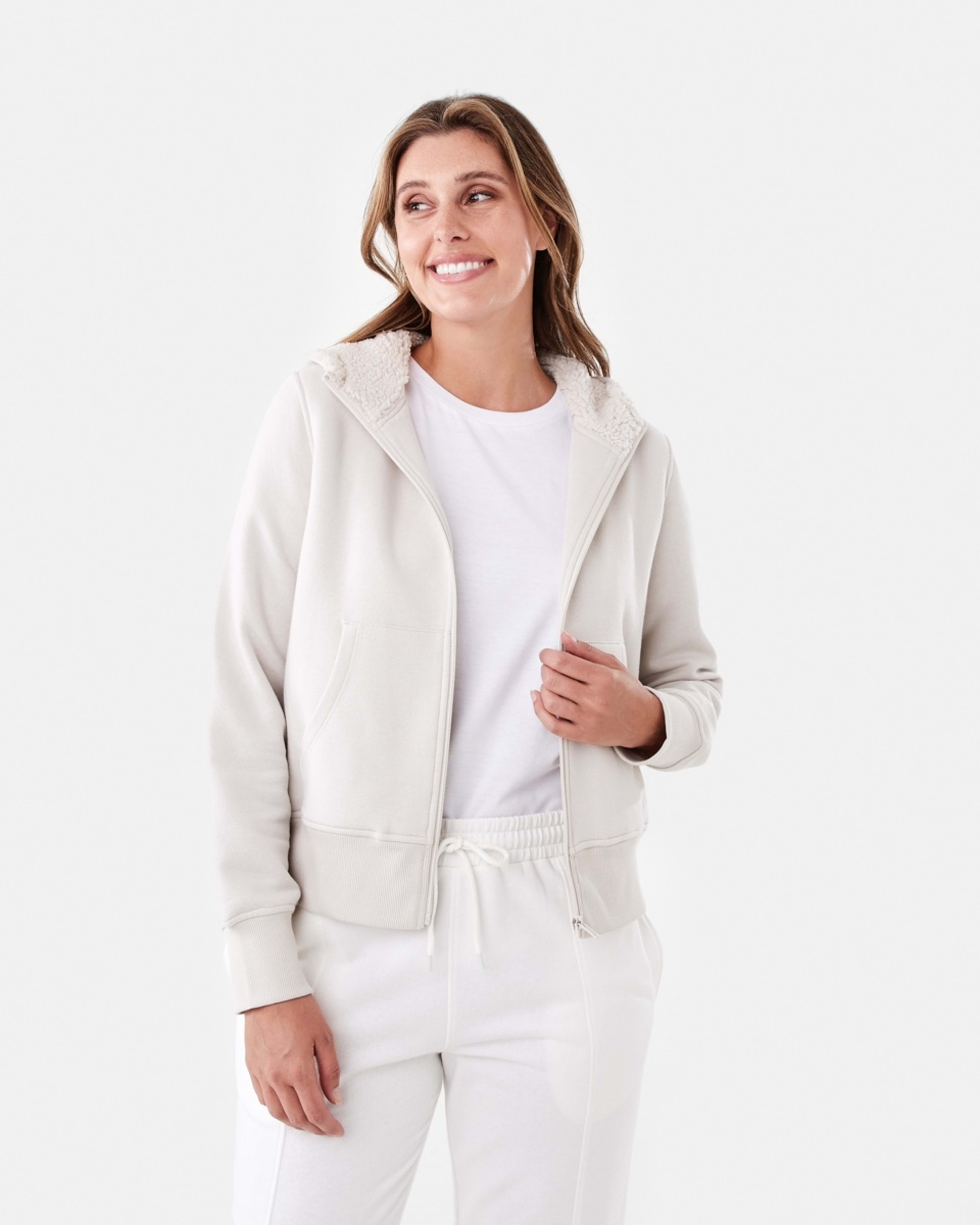 1 Long Sleeve Sherpa Zip Through Hoodie Nat Beige
