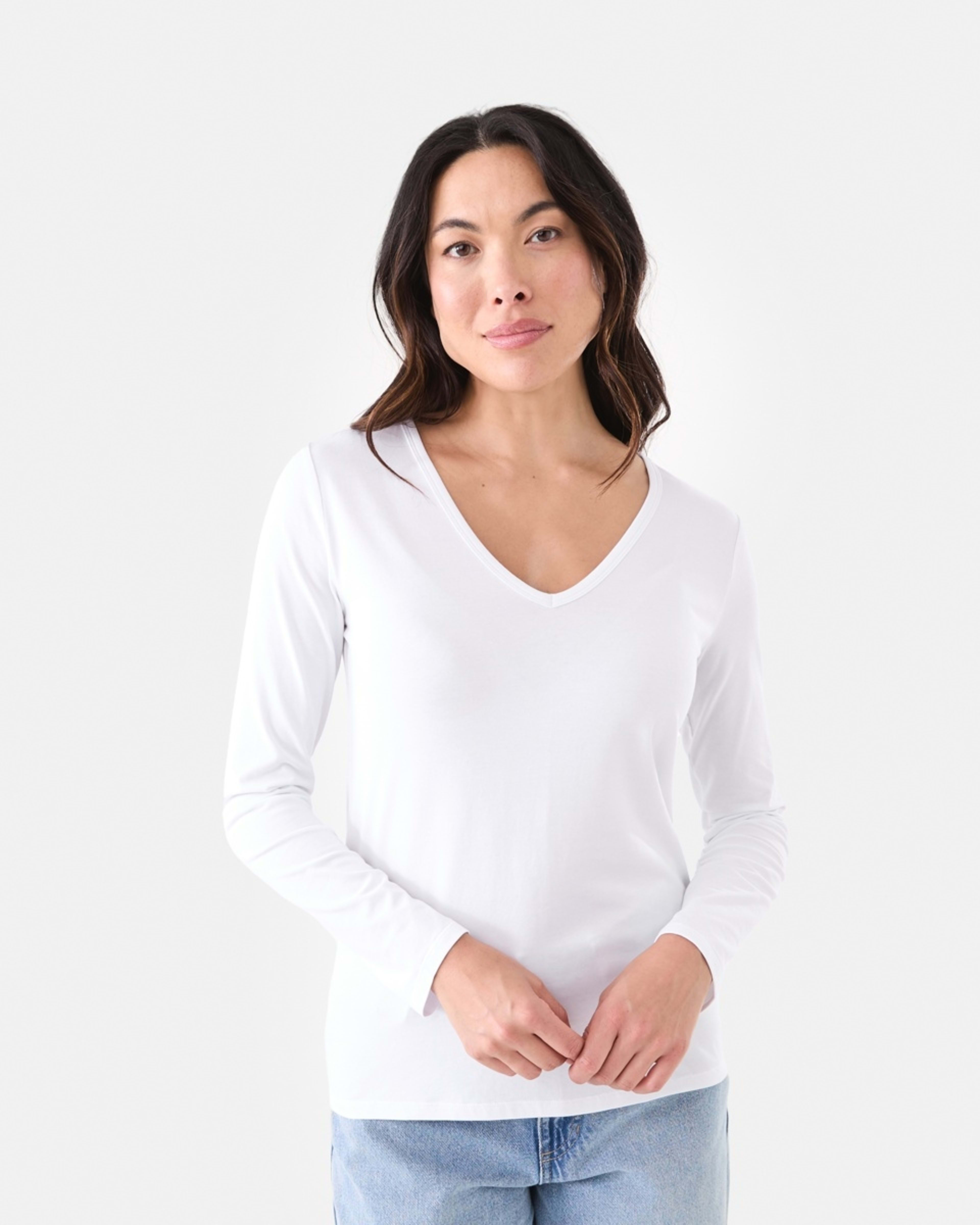 1 Long Sleeve Stretch V-Neck T-shirt White, 1 of 5