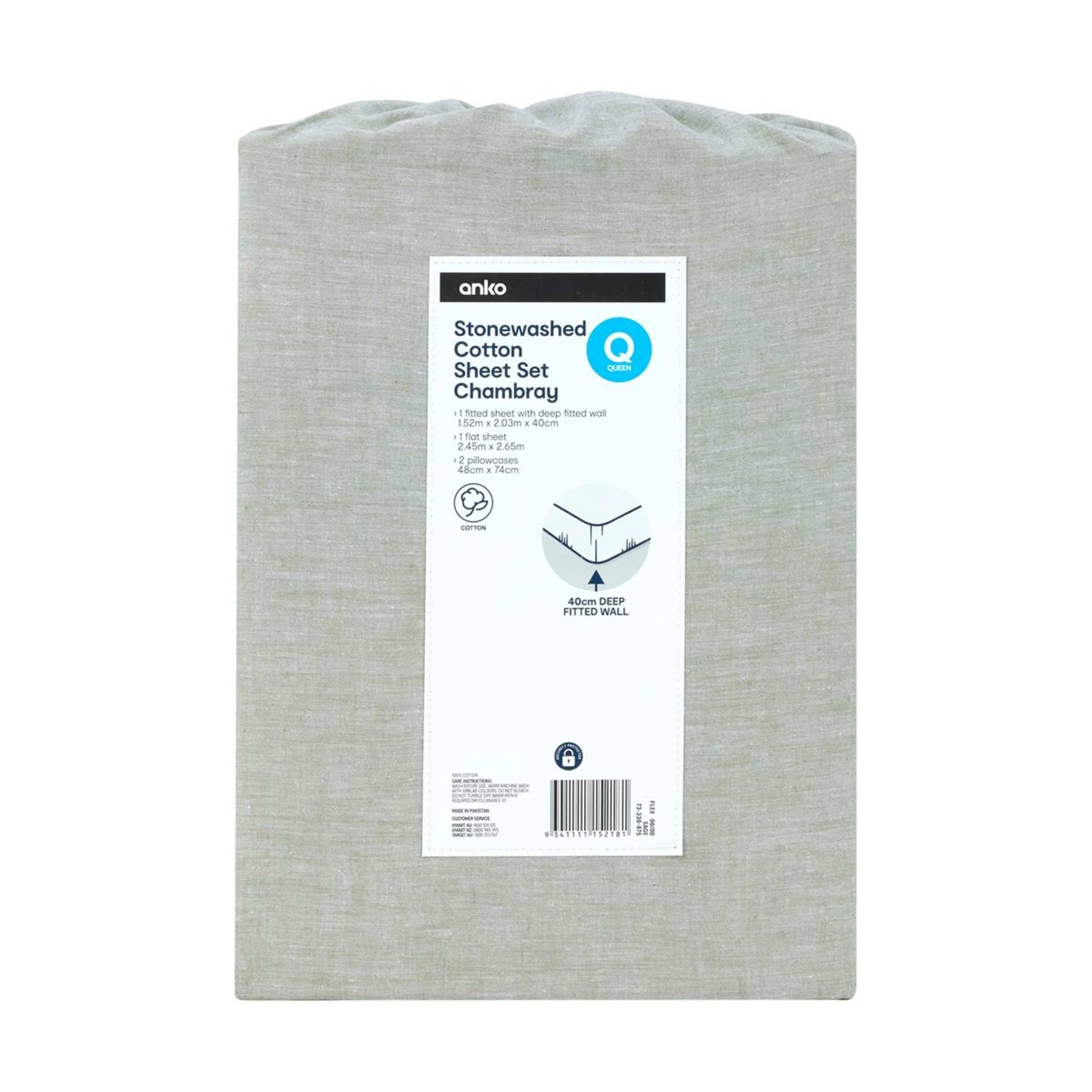 7 Stonewashed Chambray Cotton Sheet Set - Queen Bed, Sage, 7 of 7
