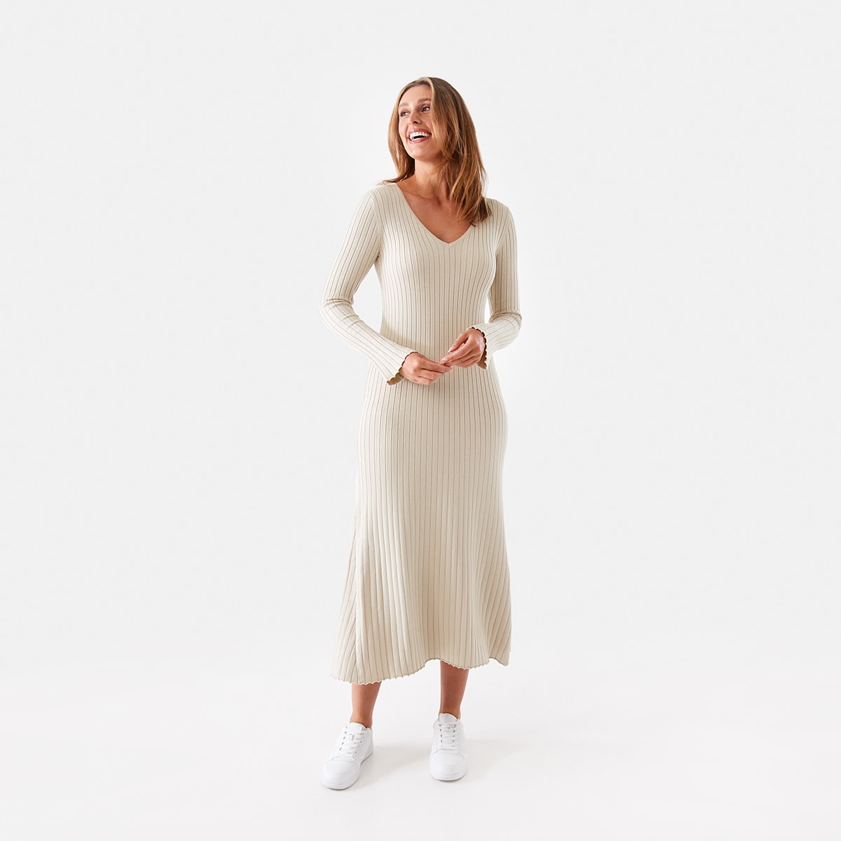 Long Sleeve V-Neck Ribbed Maxi Dress - Kmart