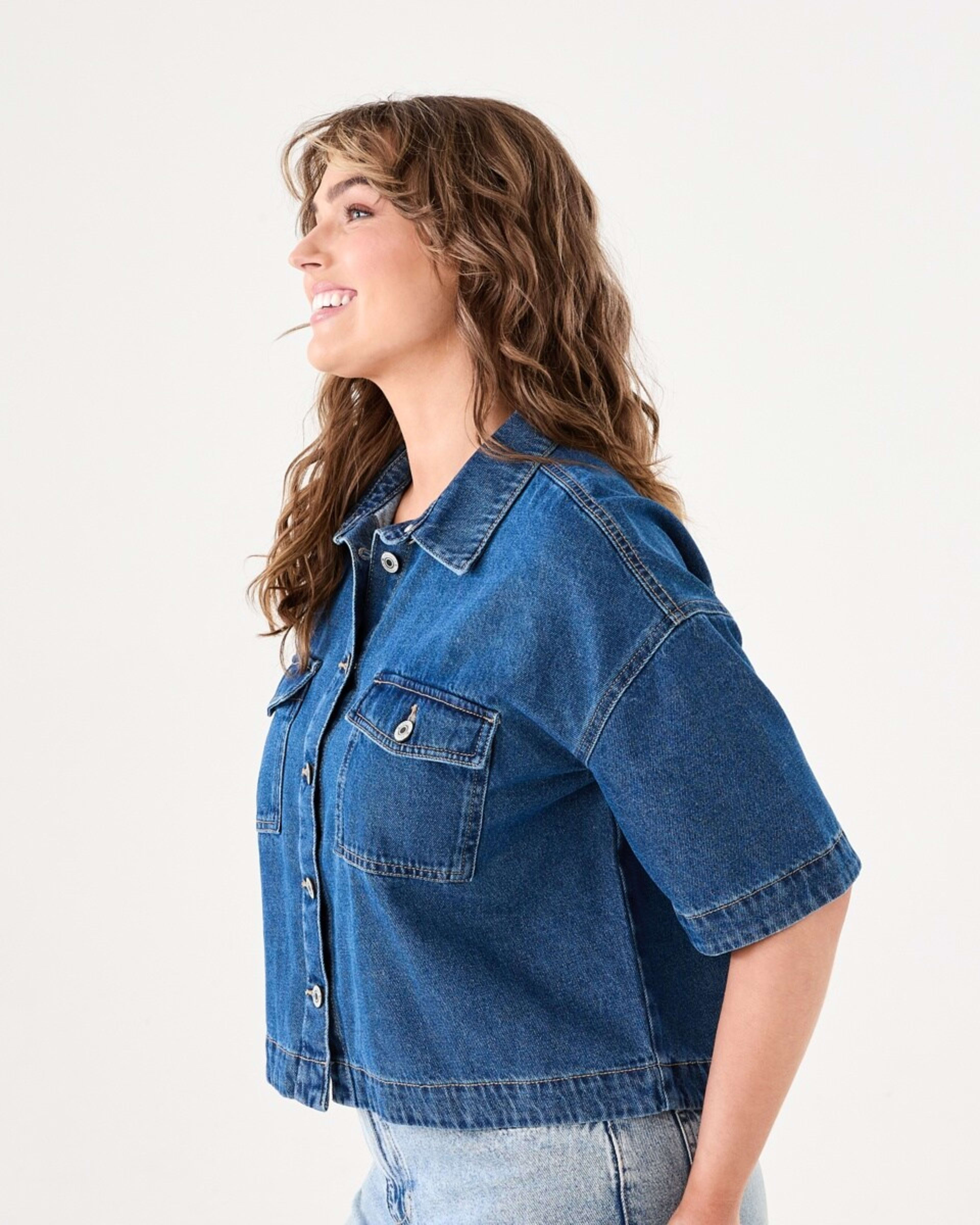 2 Short Sleeve Denim Cropped Shirt MID BLUE DENIM WASH, 2 of 6