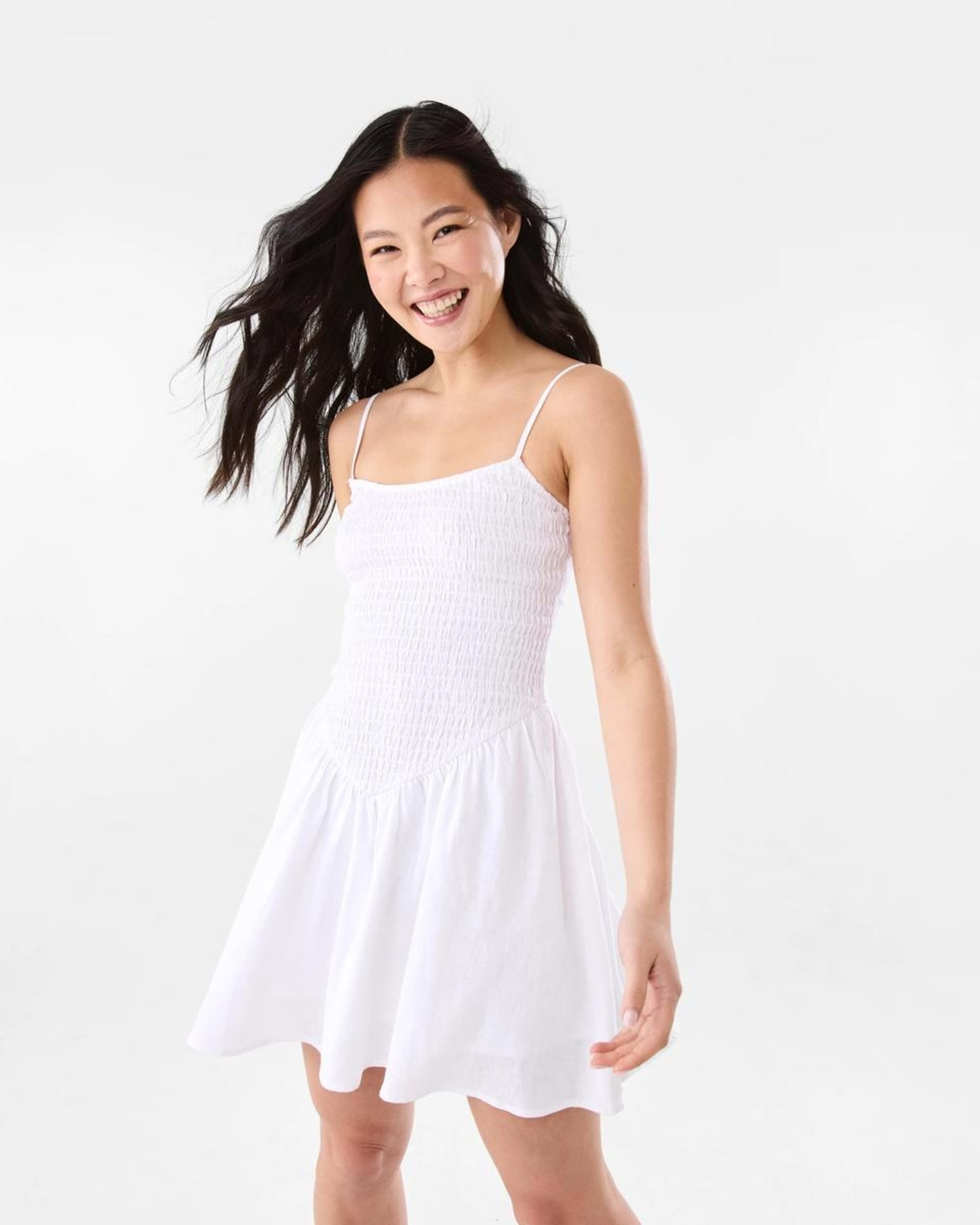 1 Sleeveless Shirred Bodice Mini Dress WHITE