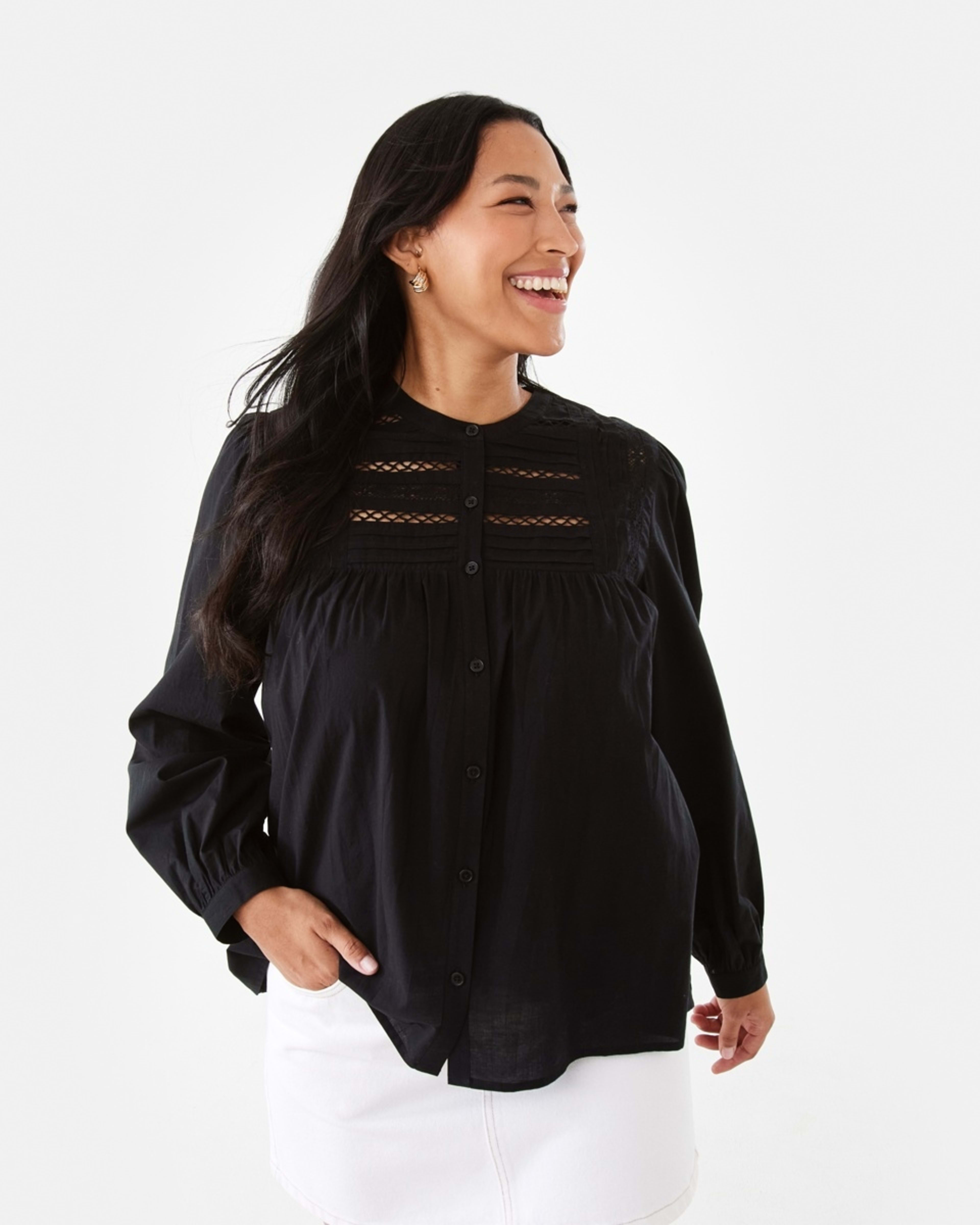 1 Long Sleeve Boho Lace Trim Blouse Black, 1 of 7