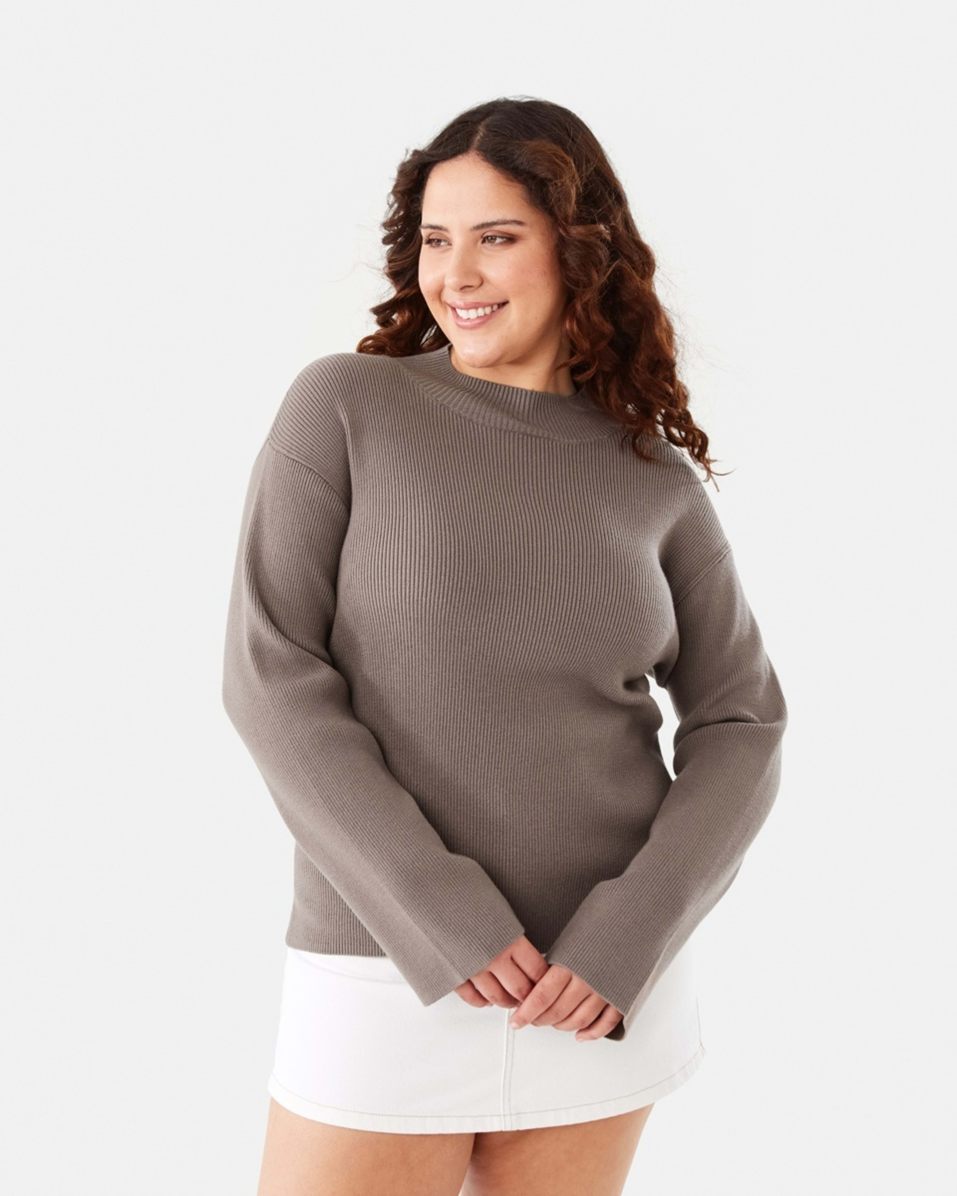 1 Mock Neck Rib Jumper Taupe Brn