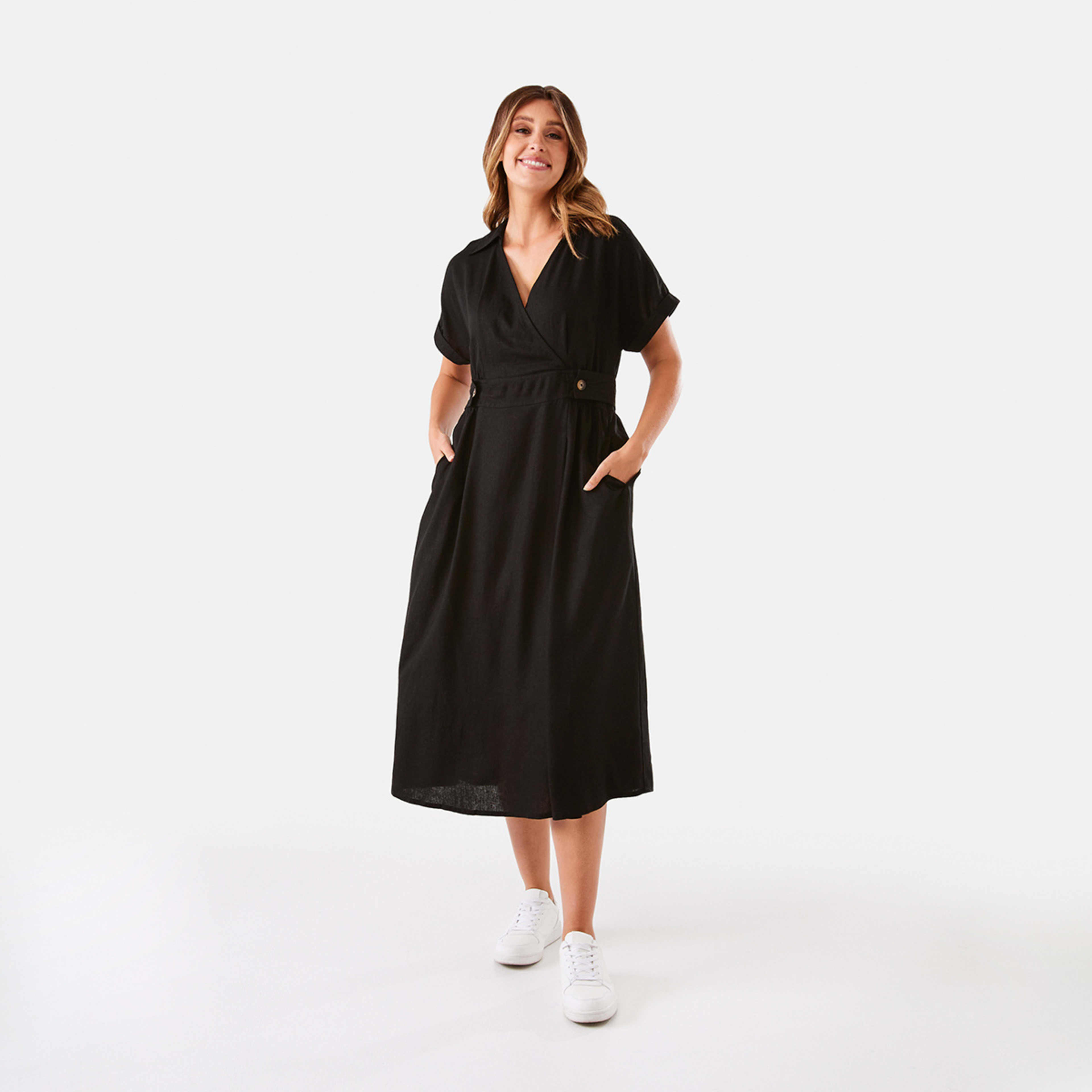 1 Short Sleeve Wrap Front Midi Dress Black, 1 of 8