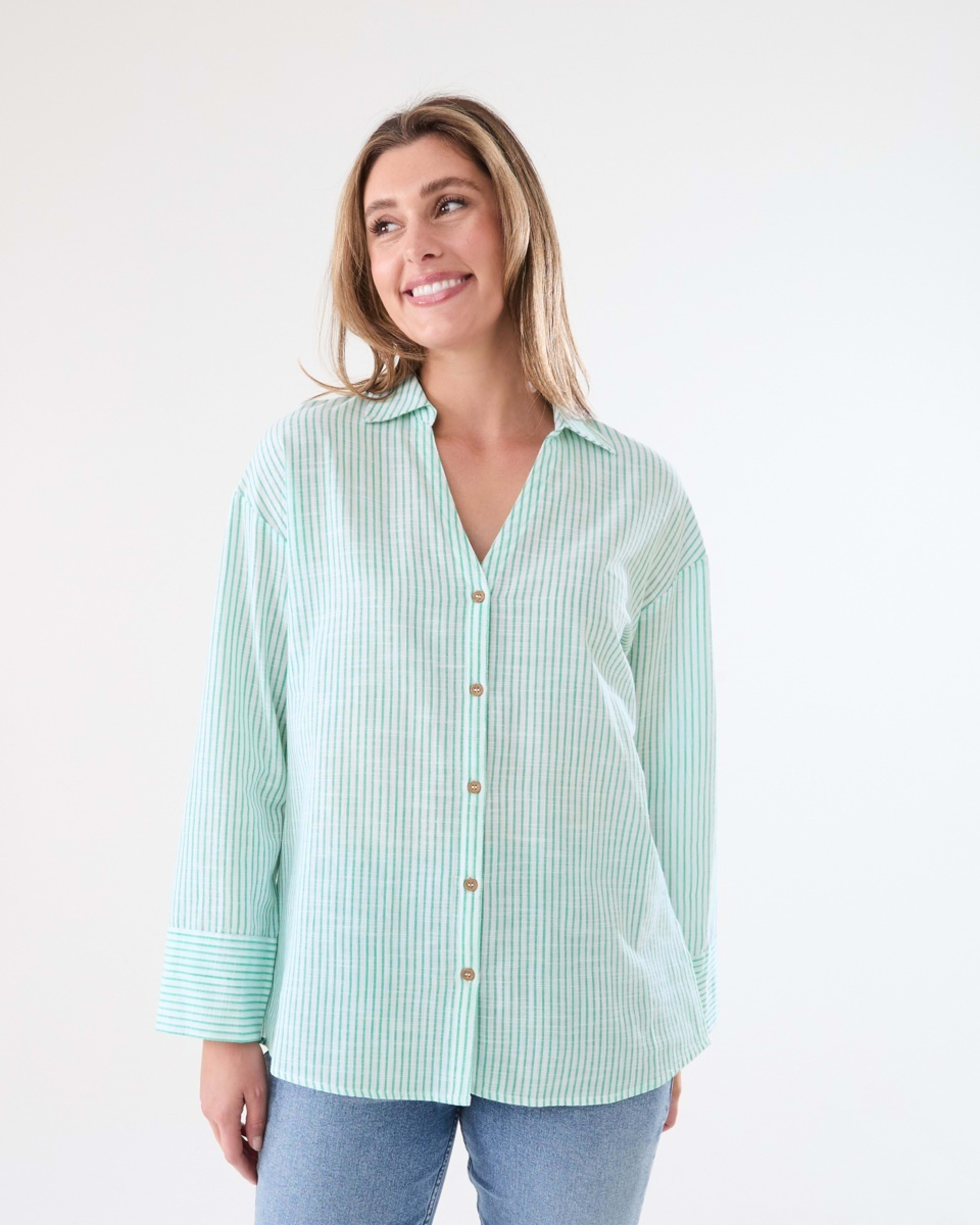 1 Long Sleeve Cotton Slub Stripe Shirt MONO STRIPE GREEN
