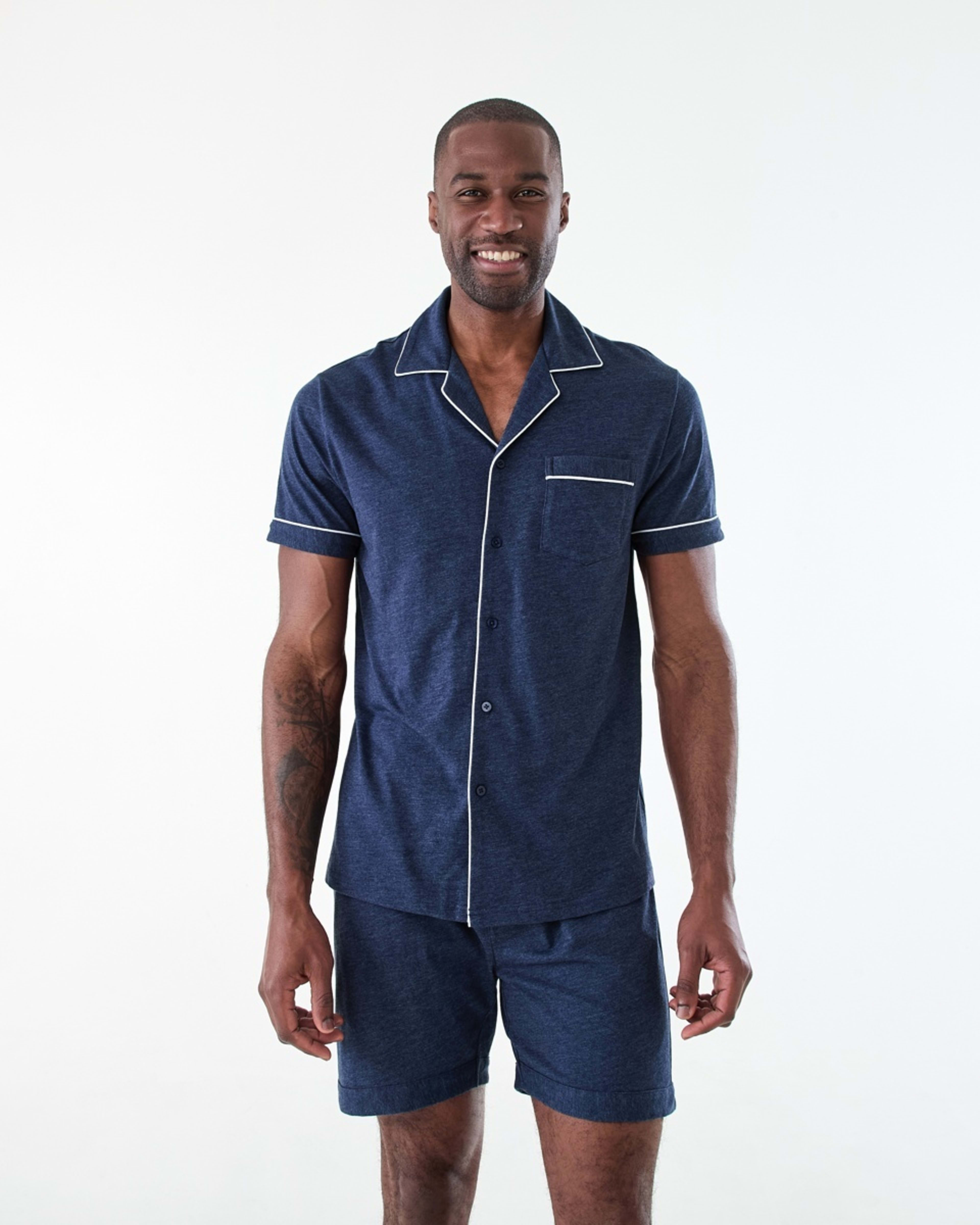 1 Short Sleeve Button Through Knit Pyjama Set NAVY MARLE, 1 of 8