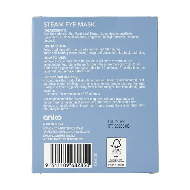 5 Piece Sleep Steam Eye Mask Lavender and Aloe Vera Kmart