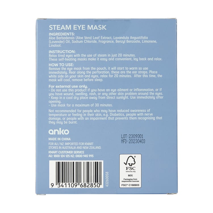 5 Piece Sleep Steam Eye Mask Lavender and Aloe Vera Kmart