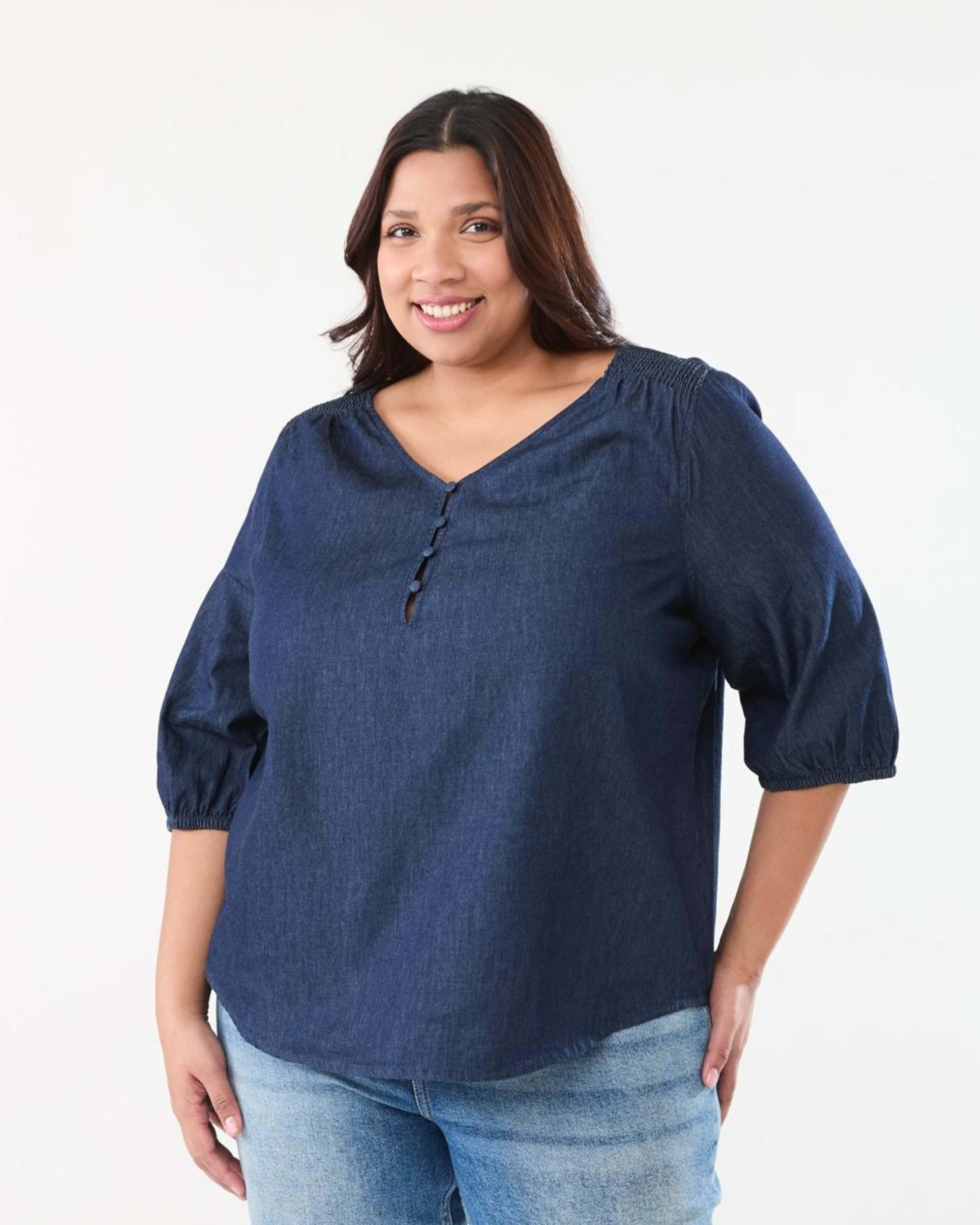 1 Curve Long Sleeve Shirred Shoulder Top DARK DENIM WASH