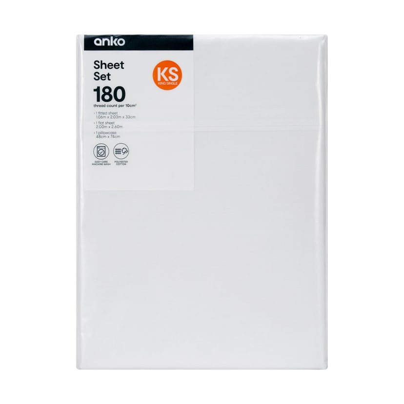 180 Thread Count Sheet Set King Single Bed, White Kmart